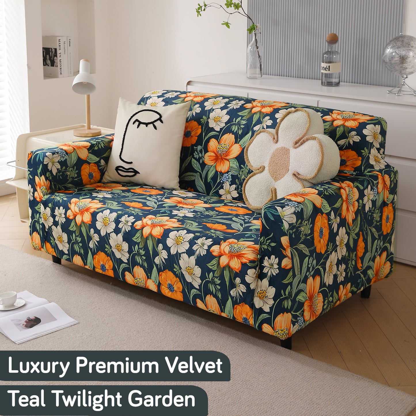 Premium Printed Velvet Sofa Cover 1/2/3 Seaters Fully Covered, Teal Twilight Garden