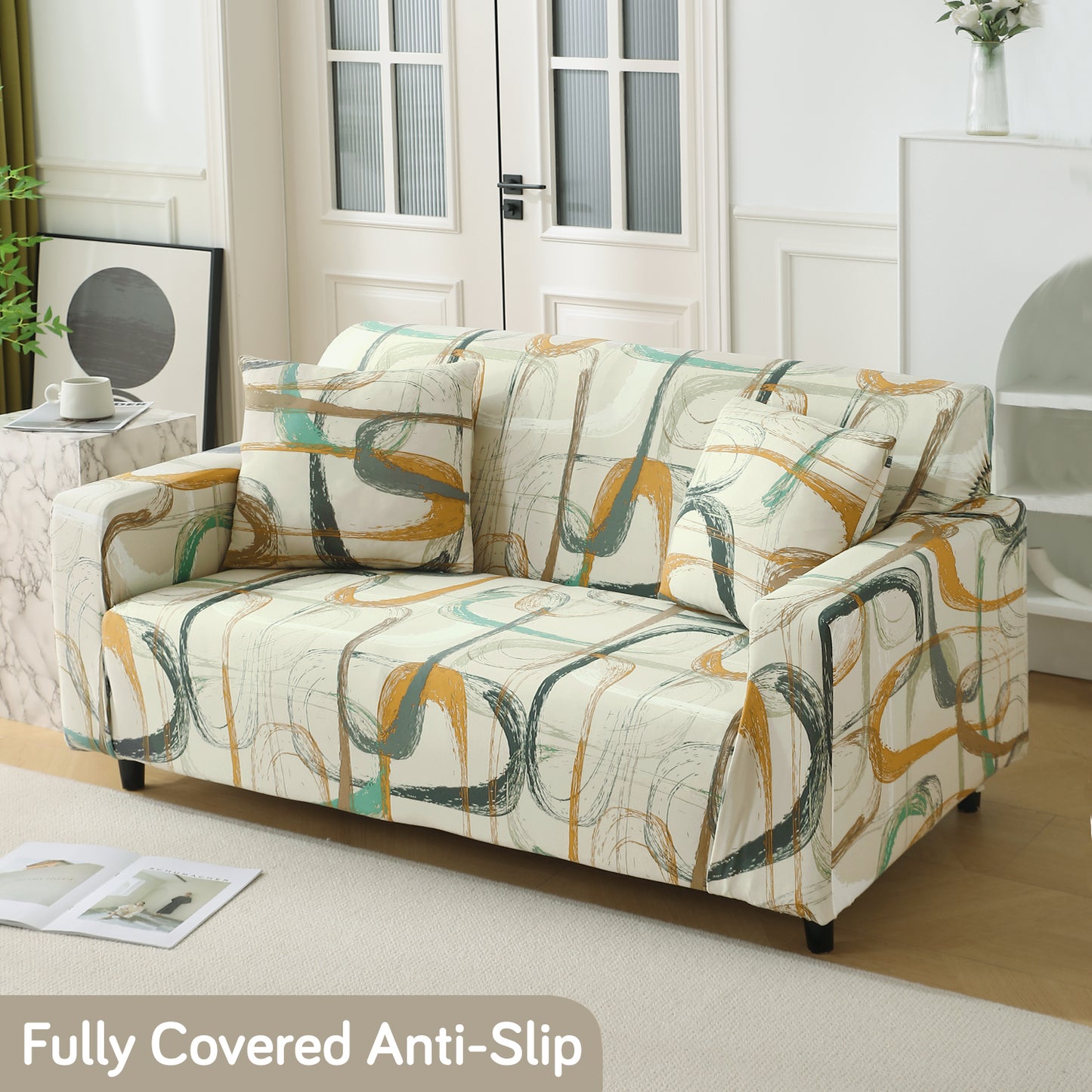 Parchement Beige Abstract Art non slip elastic 2 seater sofa cover