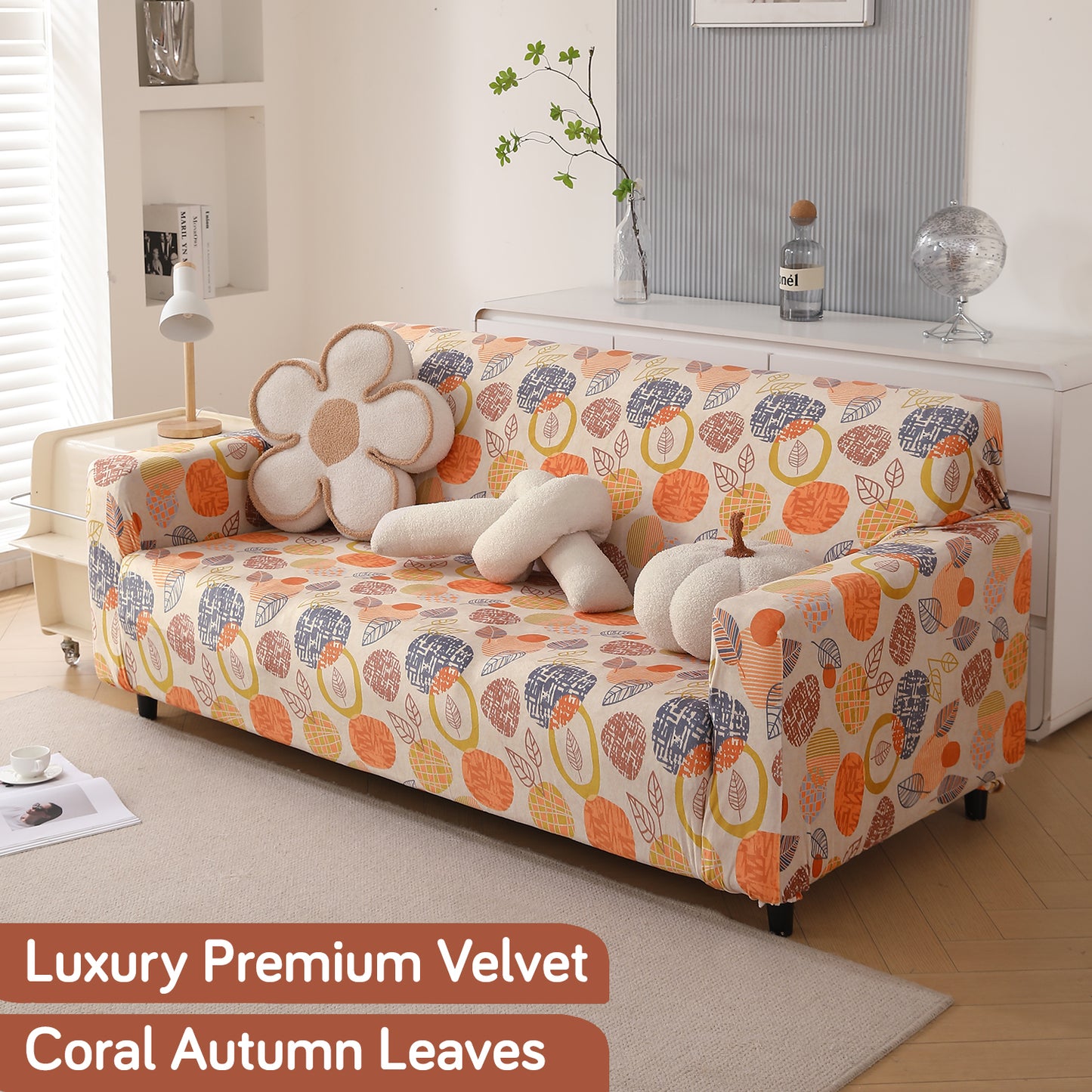 Premium Printed Velvet Sofa Cover 1/2/3 Seaters Fully Covered, Coral Autumn Leaves