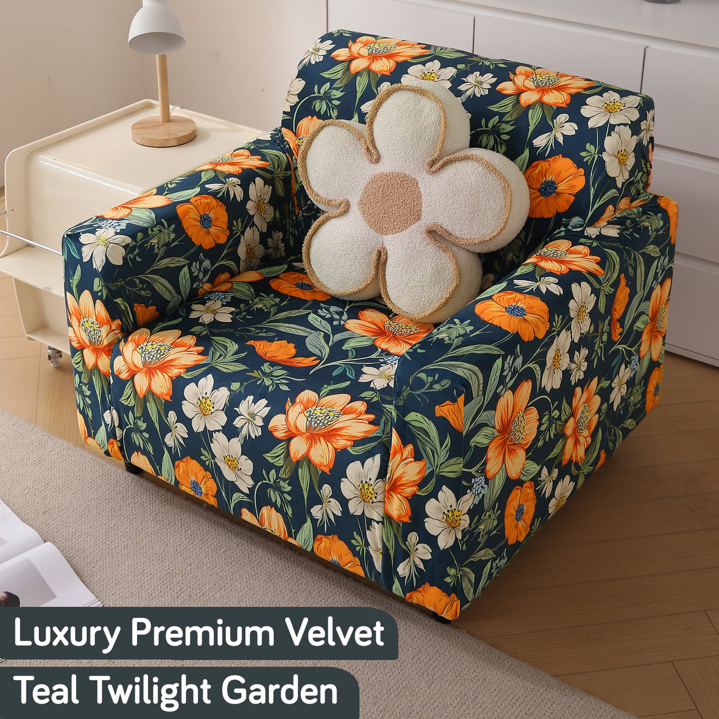 Premium Printed Velvet Sofa Cover 1/2/3 Seaters Fully Covered, Teal Twilight Garden
