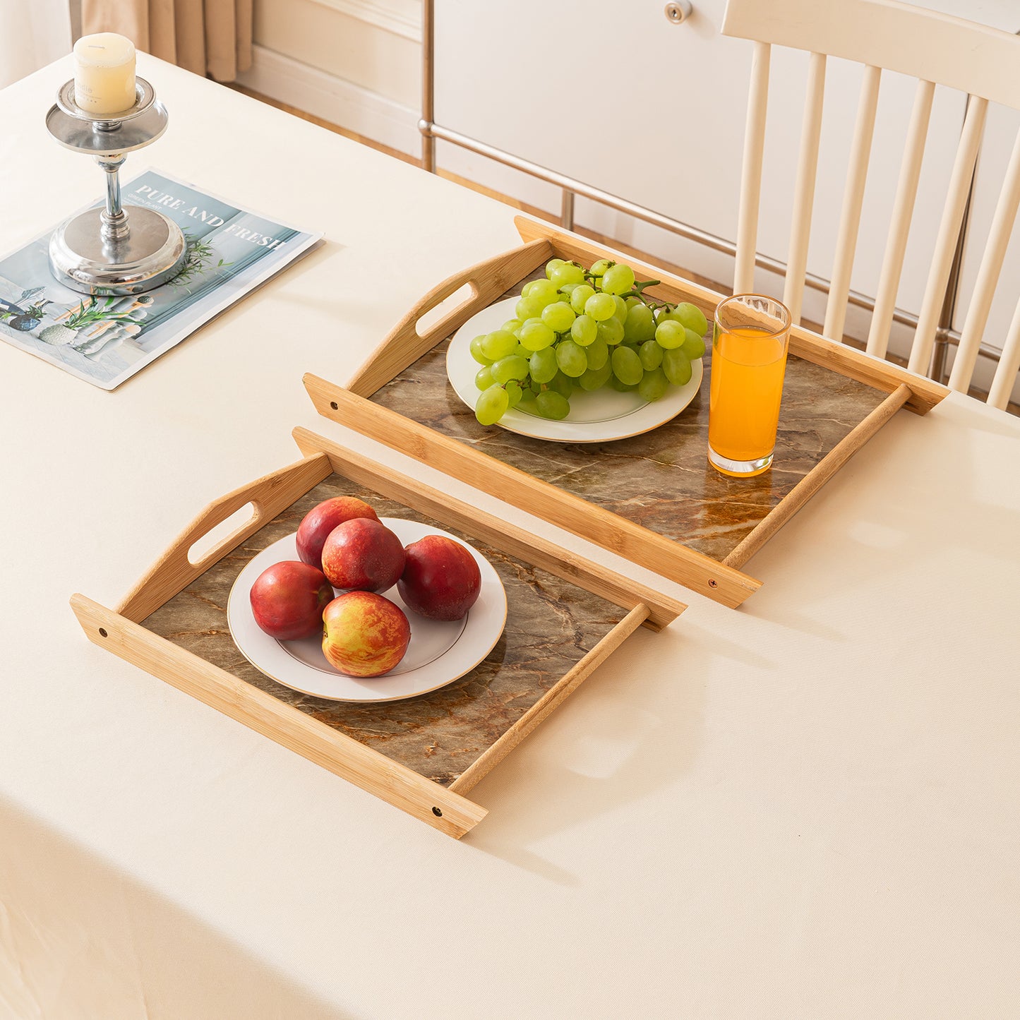 Bamboo Set of 2 Serving Trays with Handles – elegant faux marble base, Brown