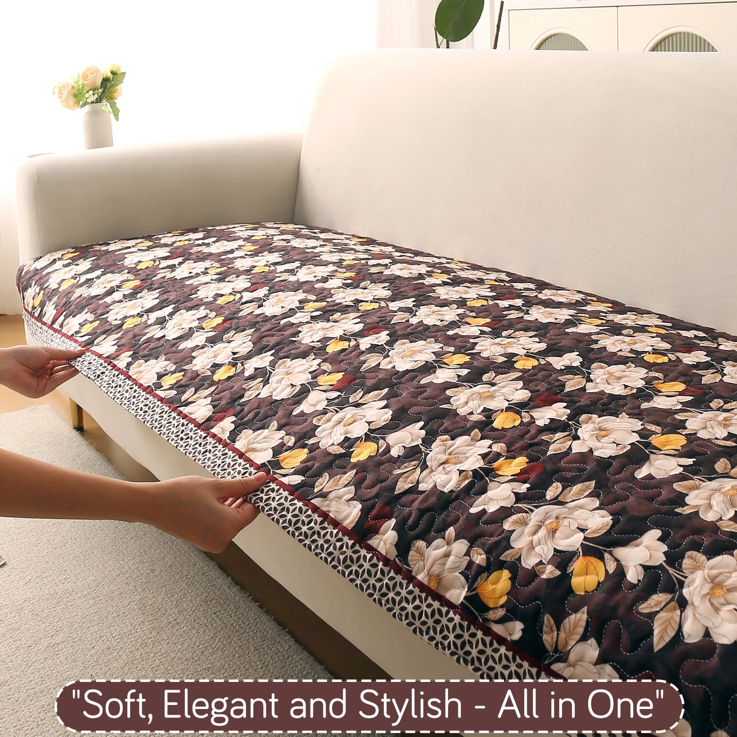 Florentina Series Printed Holland Velvet Sofa Mat - Camellia Brown
