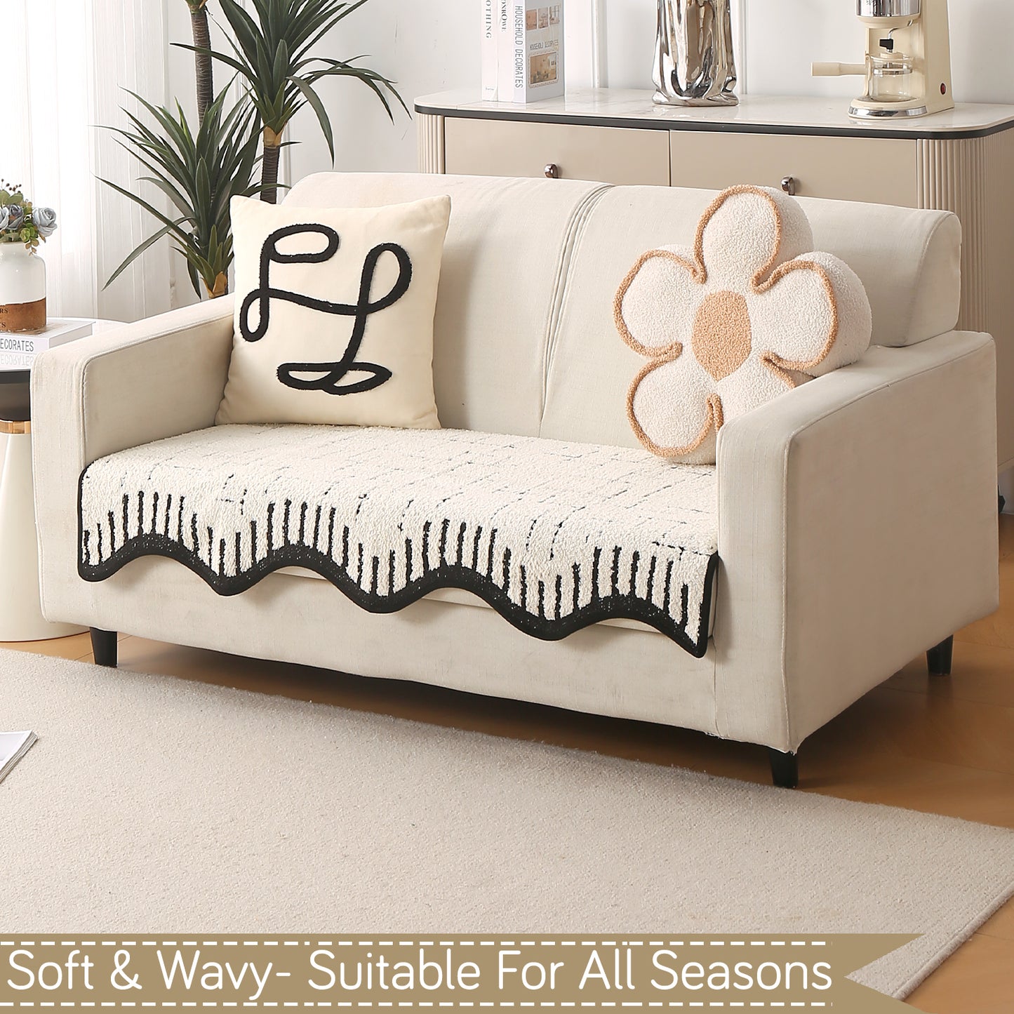 Premium Supple Soft Wavy with Curve Sofa Cover Mat, Off-White