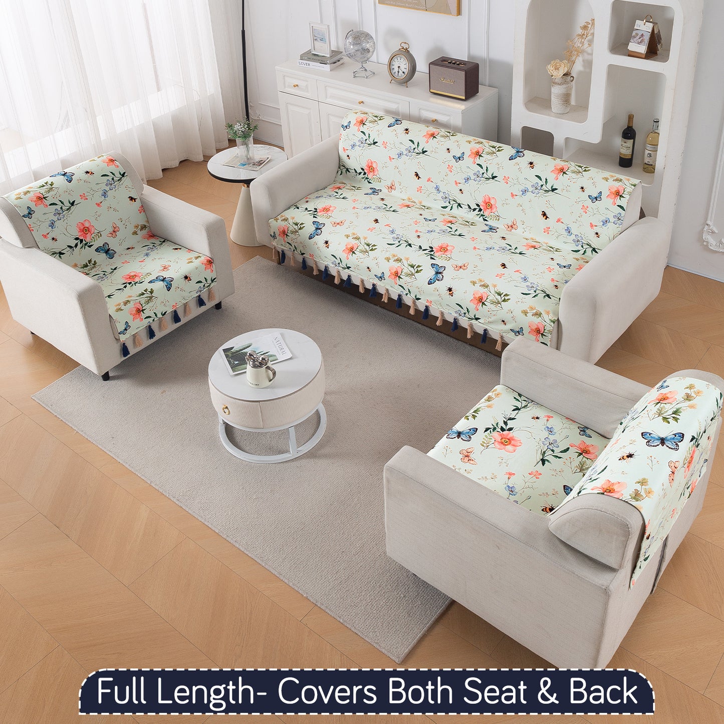 Holland Velvet 5-Seater Sofa Cover with Tassel (3+1+1), Pastel Butterfly Meadow