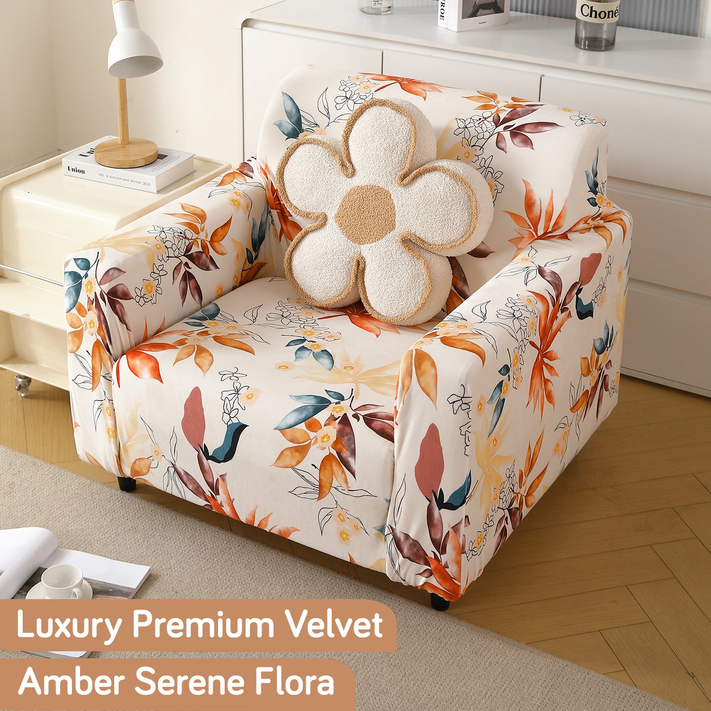 Premium Printed Velvet Sofa Cover 1/2/3 Seaters Fully Covered, Amber Serene Flora
