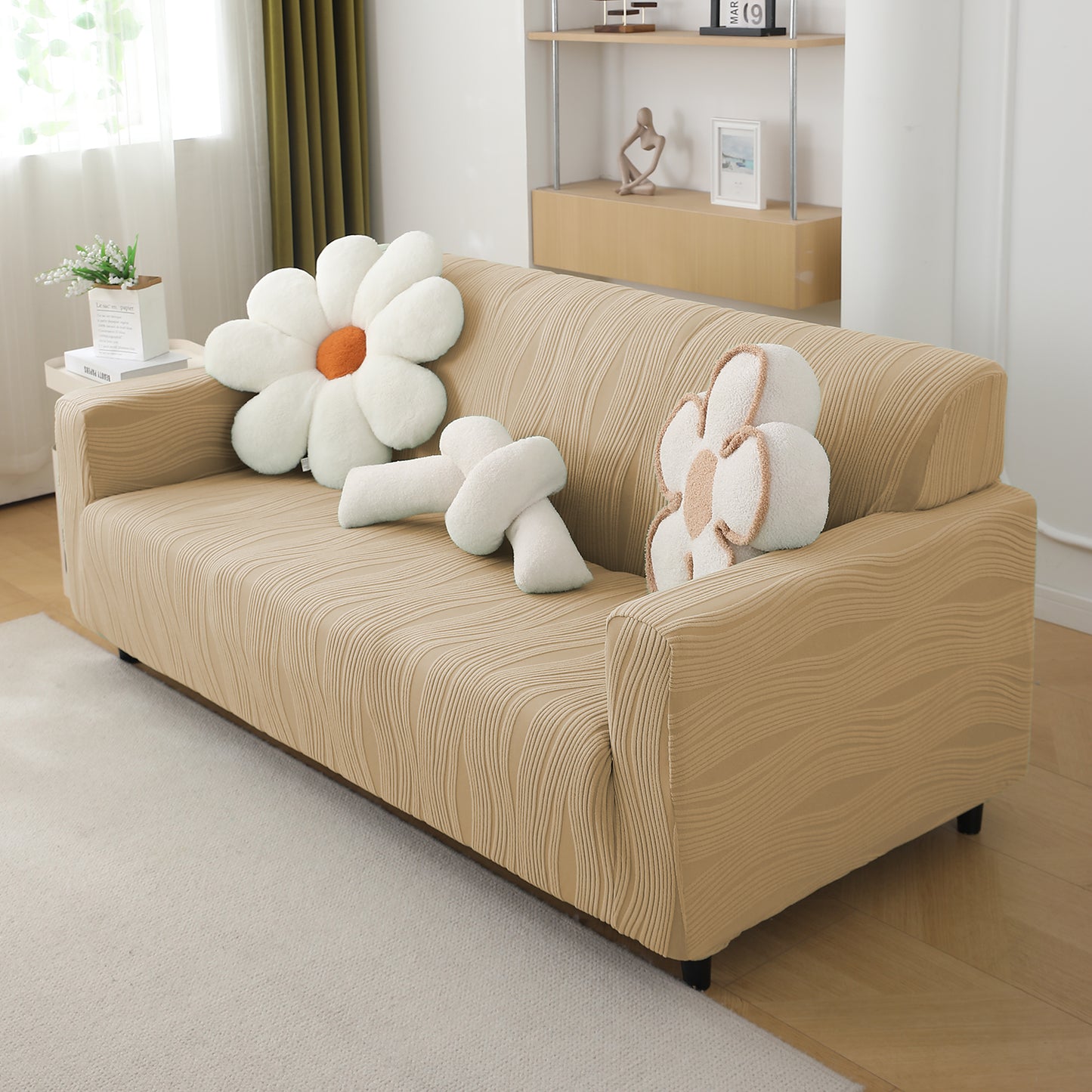 200gsm Knitting Jacquard Sofa Cover 1/2/3/4 Seater Fully Covered, Blush Beige