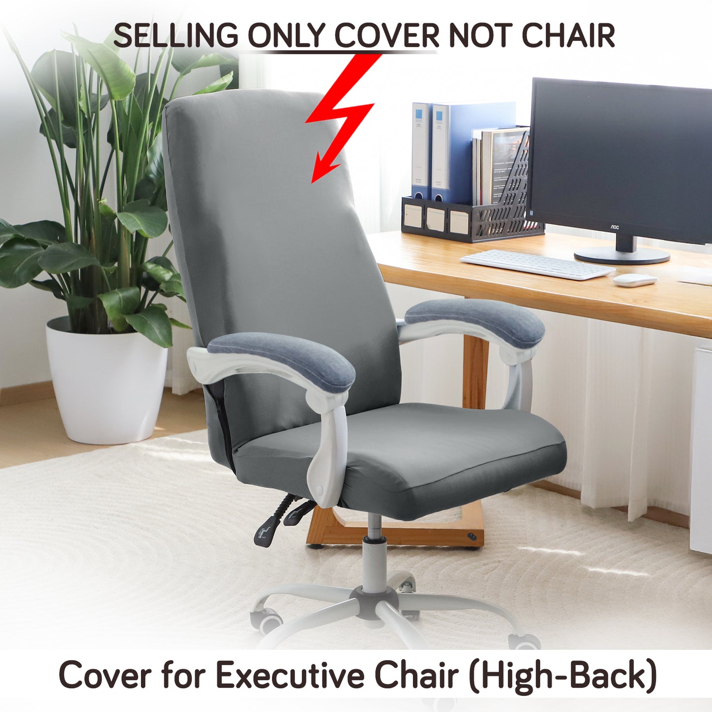 Office Chair Cover for Executive Chair (High-Back) – 140 GSM Stretchable Fabric – Washable & Anti-Slip – Fits Big & Tall Office Chairs, Smoke Grey