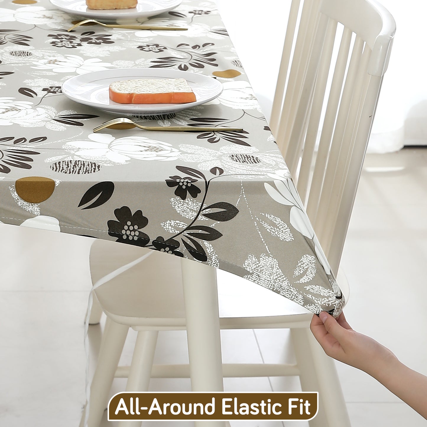 Printed Stretch Fit Water-Repellent & Anti-Slip Table Cloth Cover for 4 Seater / 6 Seater, Feather Brown Floral