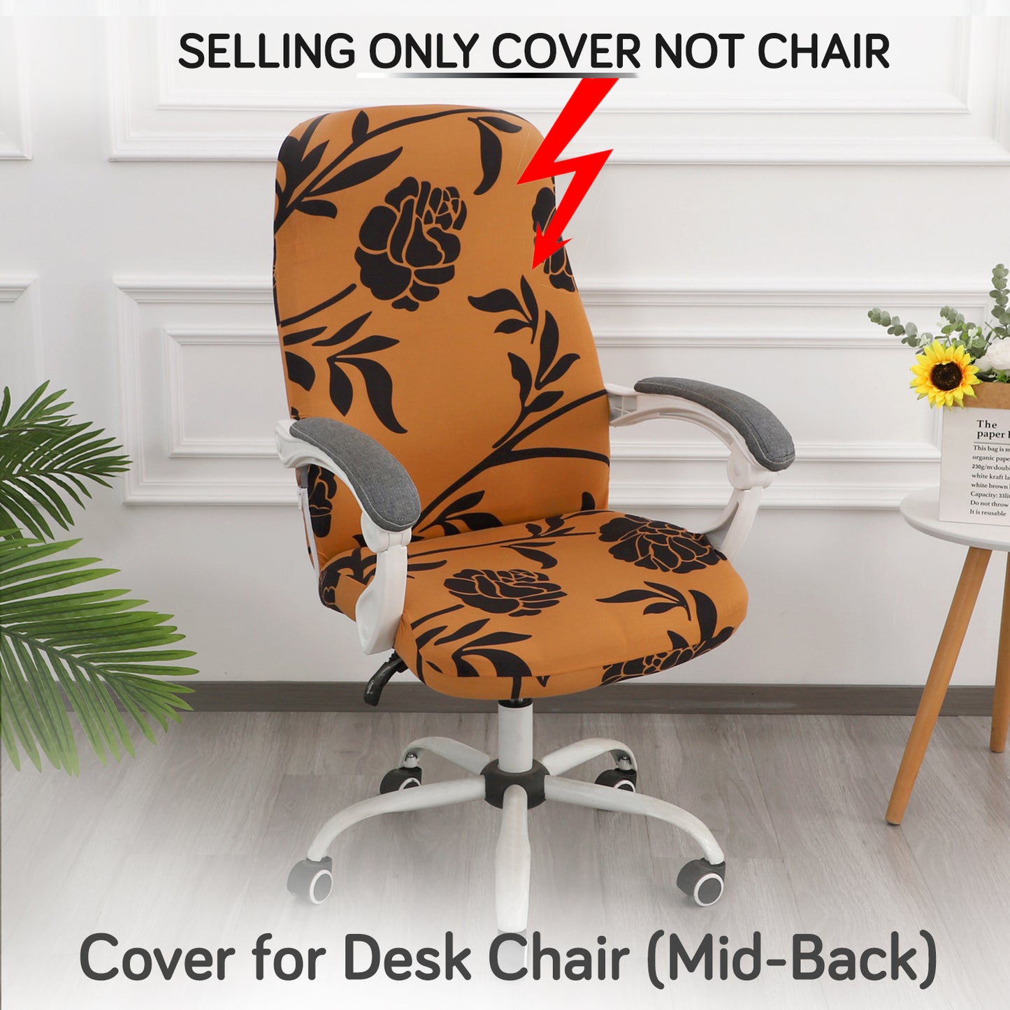 Printed Office Chair Cover for Desk Chair (Mid-Back) – 140 GSM Stretch Fabric – Durable & Anti-Slip – Fits Mid-Back Office Chairs, Copper Brown Floral - Medium