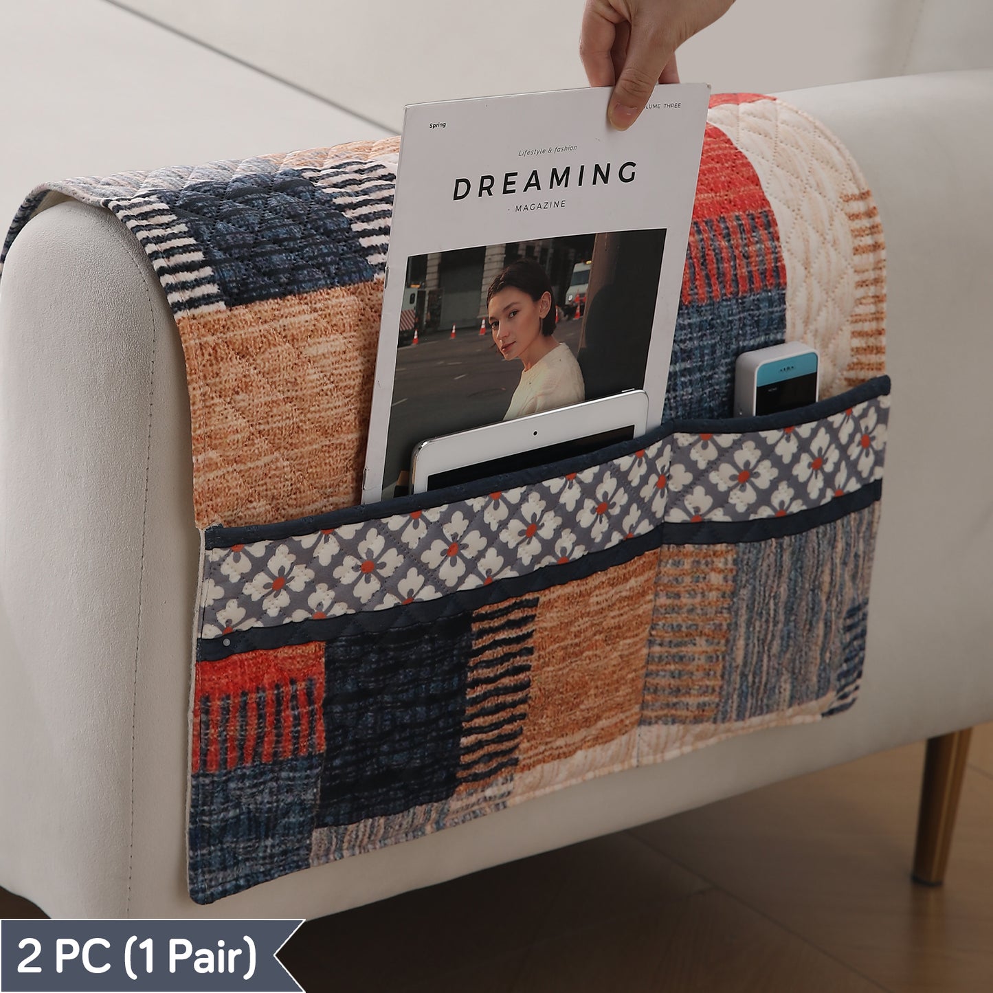 LiefNest Printed Holland Velvet Sofa Mat with Foam Filling - Urban Grid Multicolor for 1/2/3 Seater & Armrest