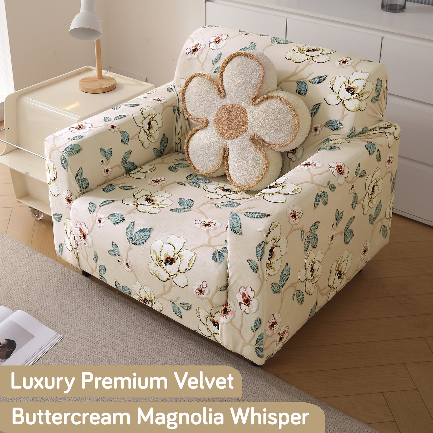 Premium Printed Velvet Sofa Cover 1/2/3 Seaters Fully Covered, Buttercream Magnolia Whisper