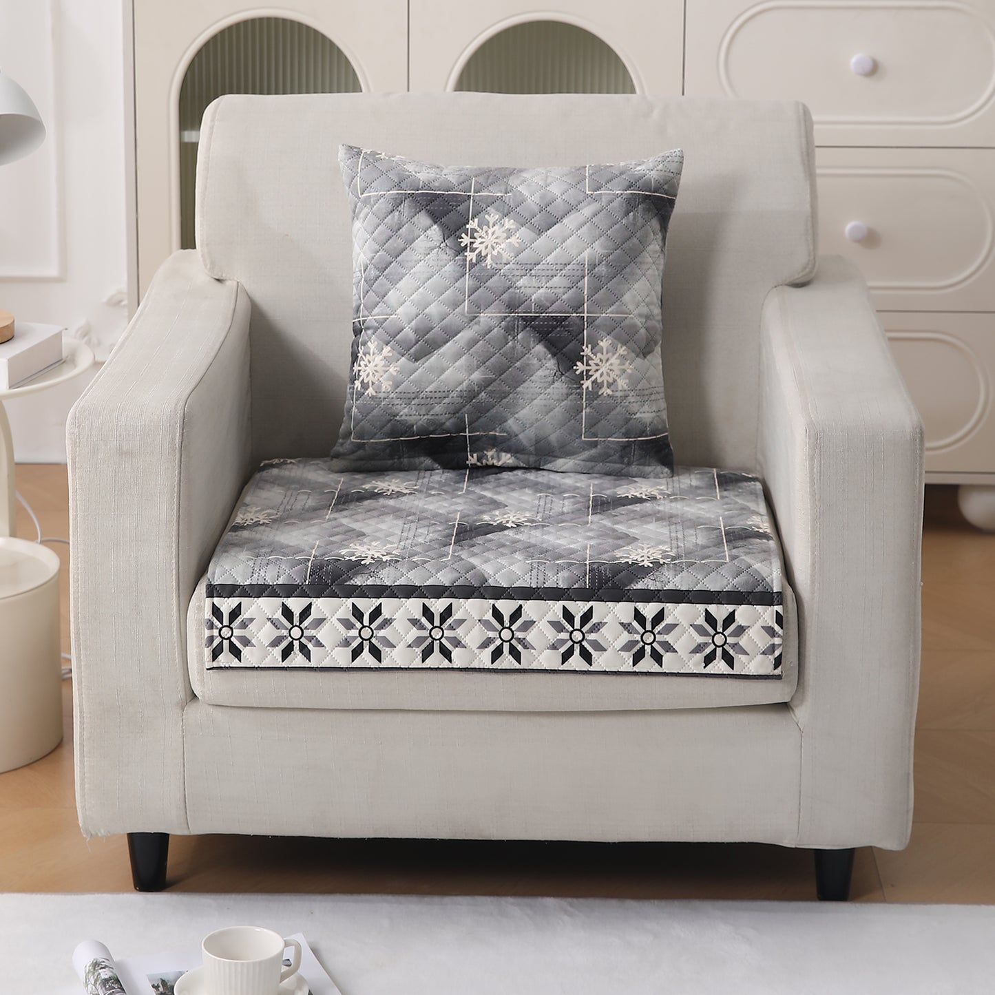 LiefNest Printed Holland Velvet Sofa Mat with Foam Filling - Snowflakes Gradient Grey for 1/2/3 Seater & Armrest