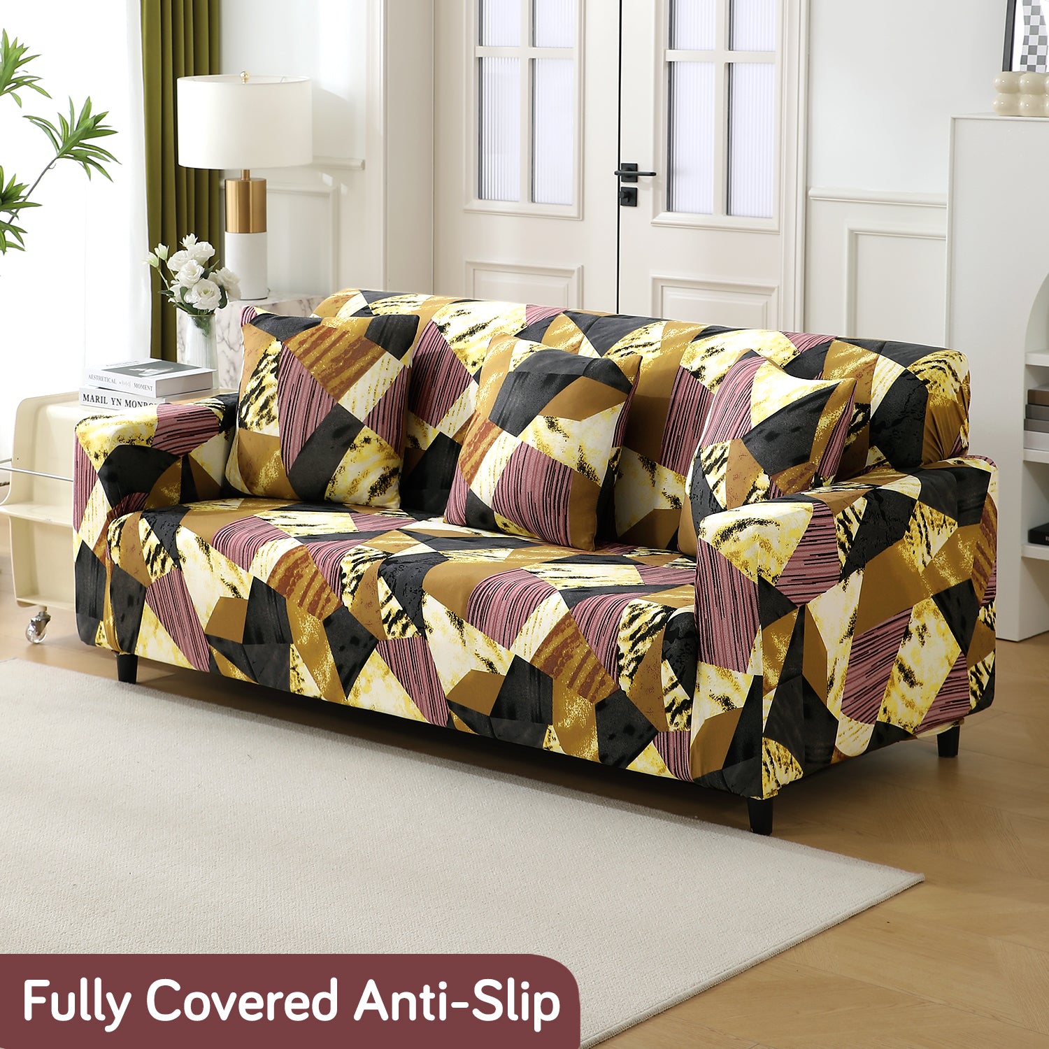 Wine Abstract Geometry Fabric full fitted, anti-slip stretchable three seater sofa cover