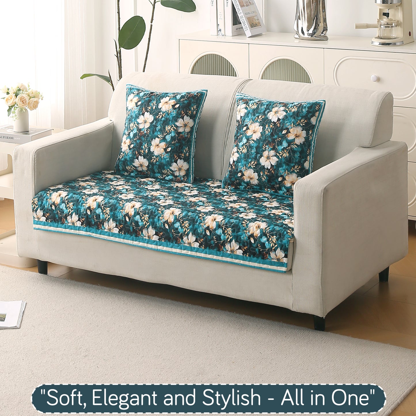 Florentina Series Printed Holland Velvet Sofa Mat - Pansies Teal