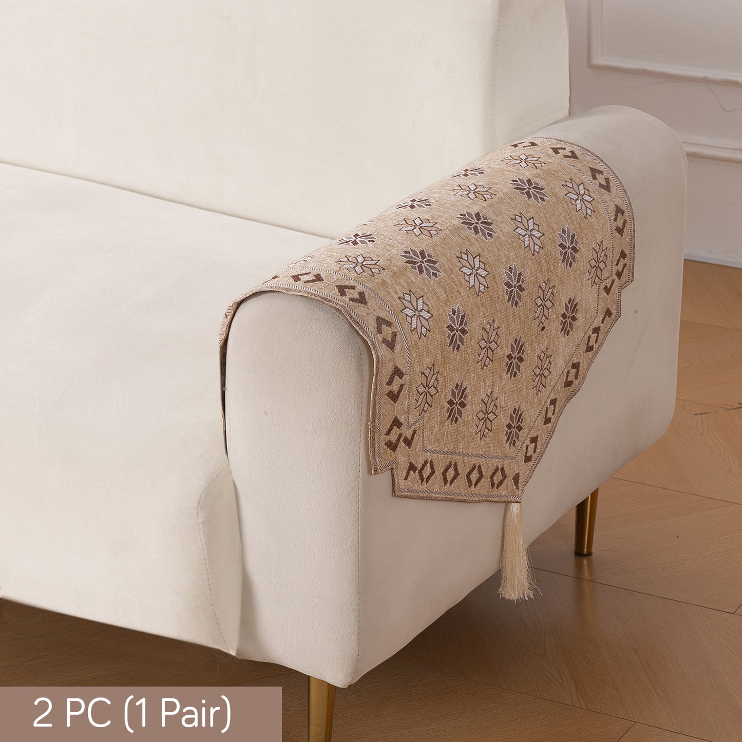 Heritage Weave Premium Jacquard Sofa Cover Set with Tassels - Sandy Beige