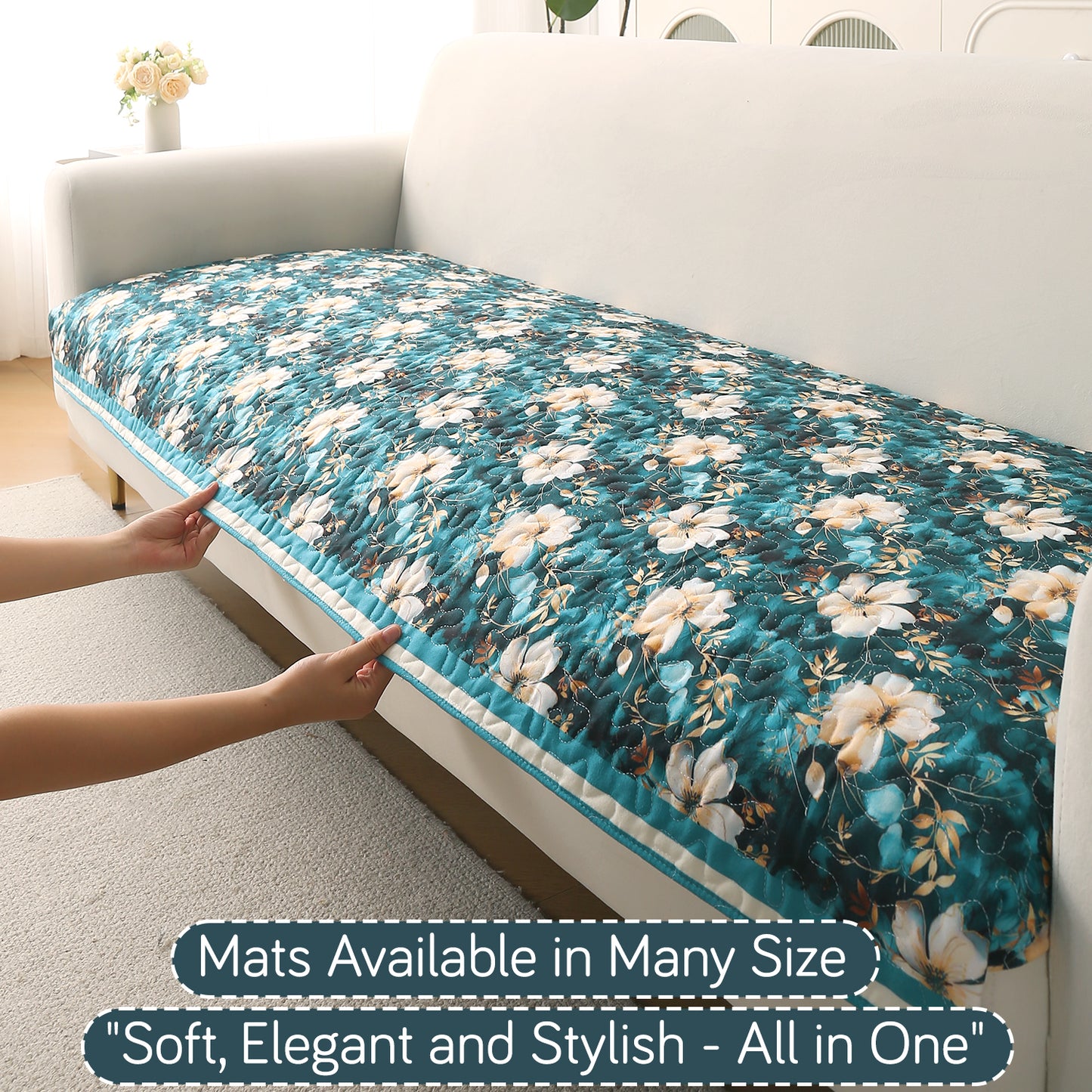 Florentina Series Premium Holland Velvet Sofa Cover Mat - Pansies Teal