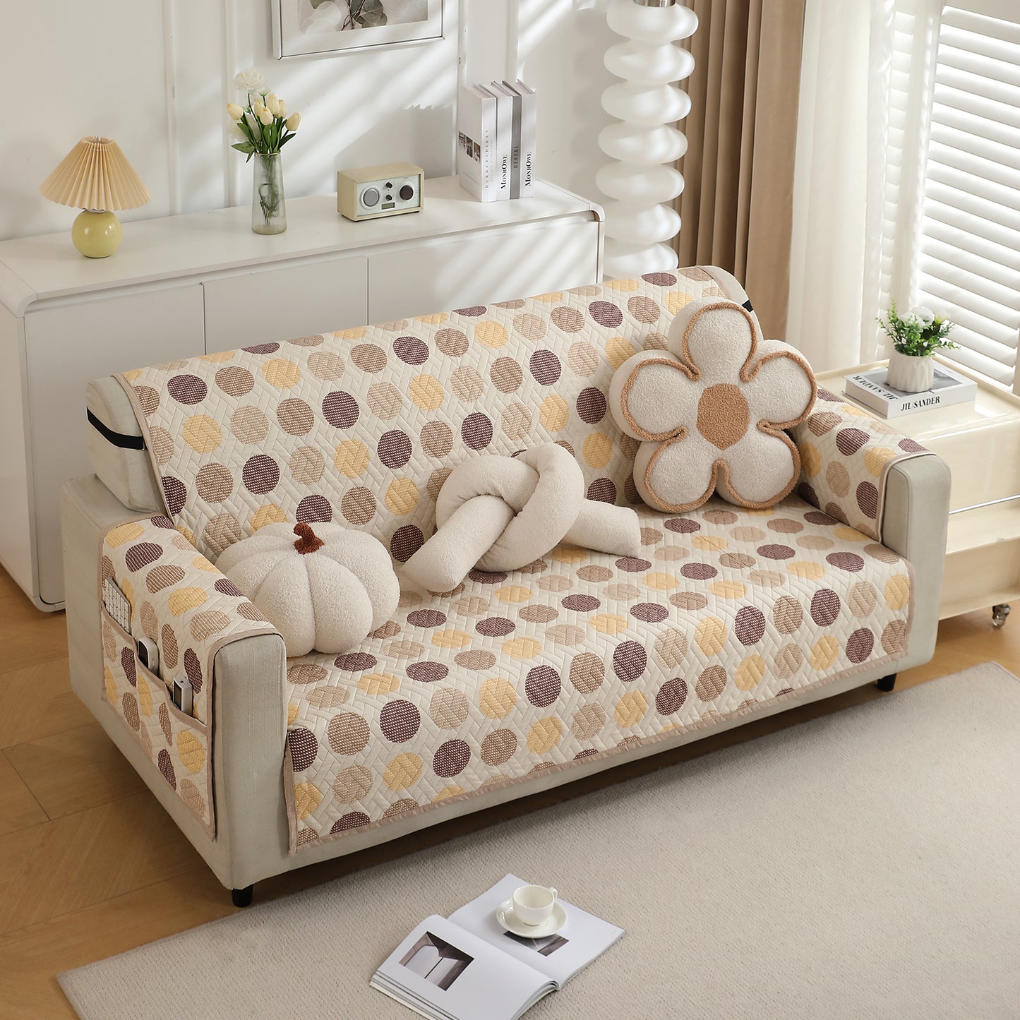 Brown Polka Dot Printed quilted 3 seater sofa cover