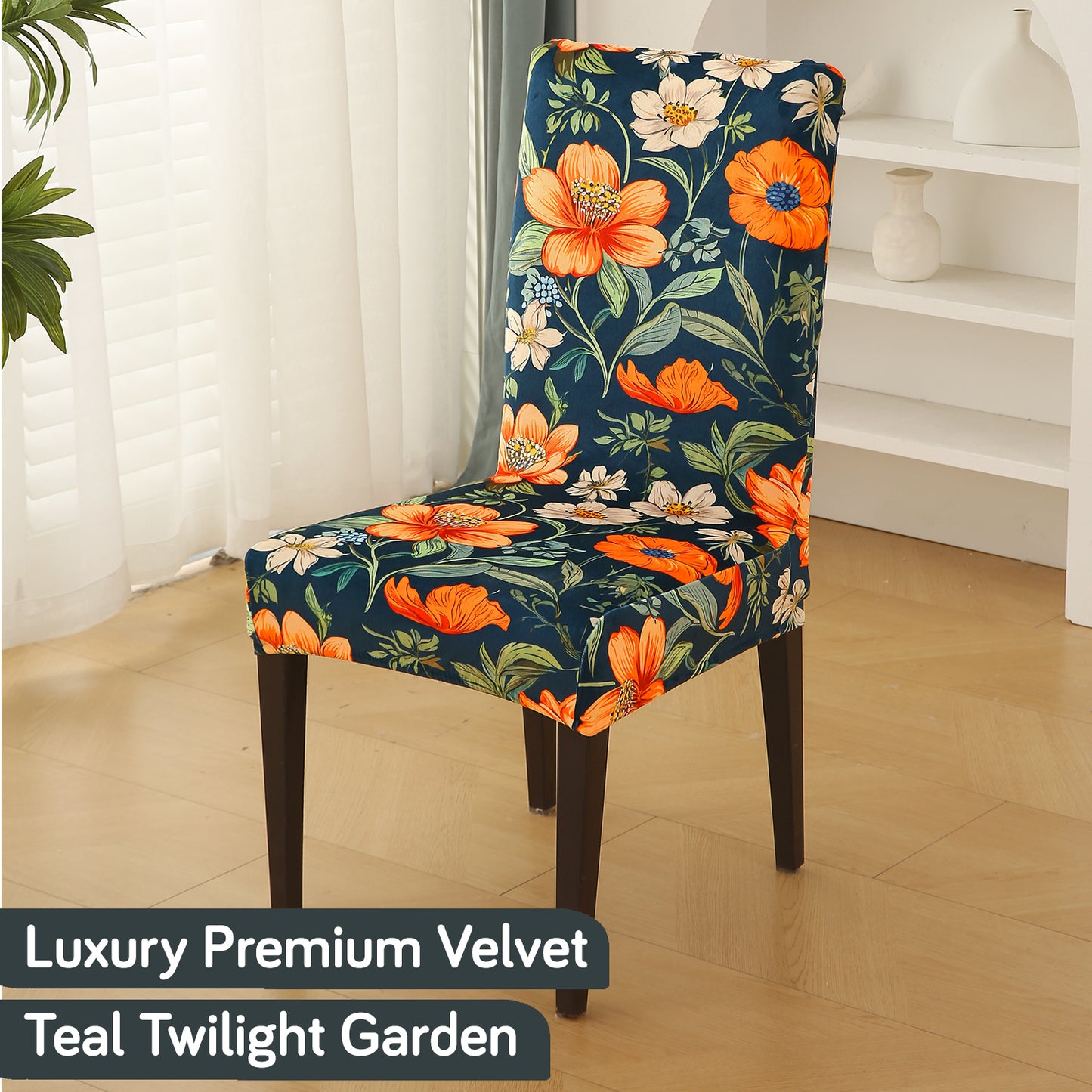 Premium Printed Velvet Dining Chair Cover Set, Teal Twilight Garden