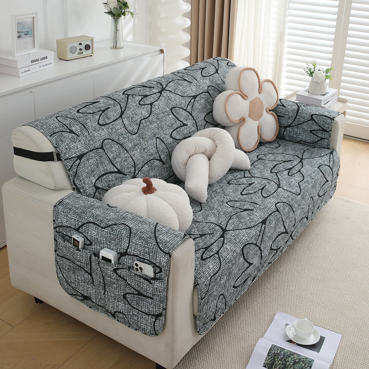 Waterproof & Quick-Dry Quilted Sofa Cover with Pockets on Armrest, Intense Grey Abstract Floral