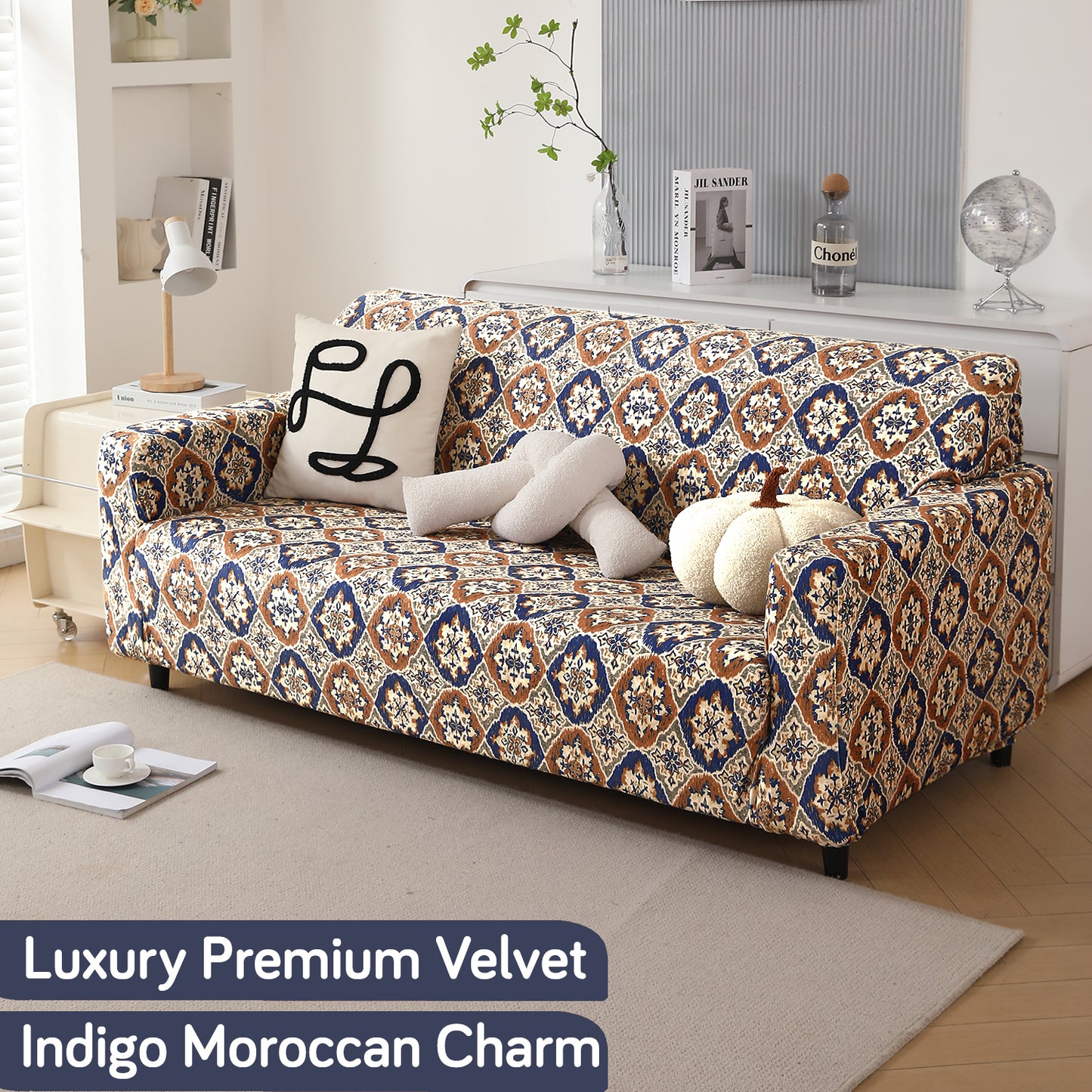 Premium Printed Velvet Sofa Cover 1/2/3 Seaters Fully Covered, Indigo Moroccan Charm