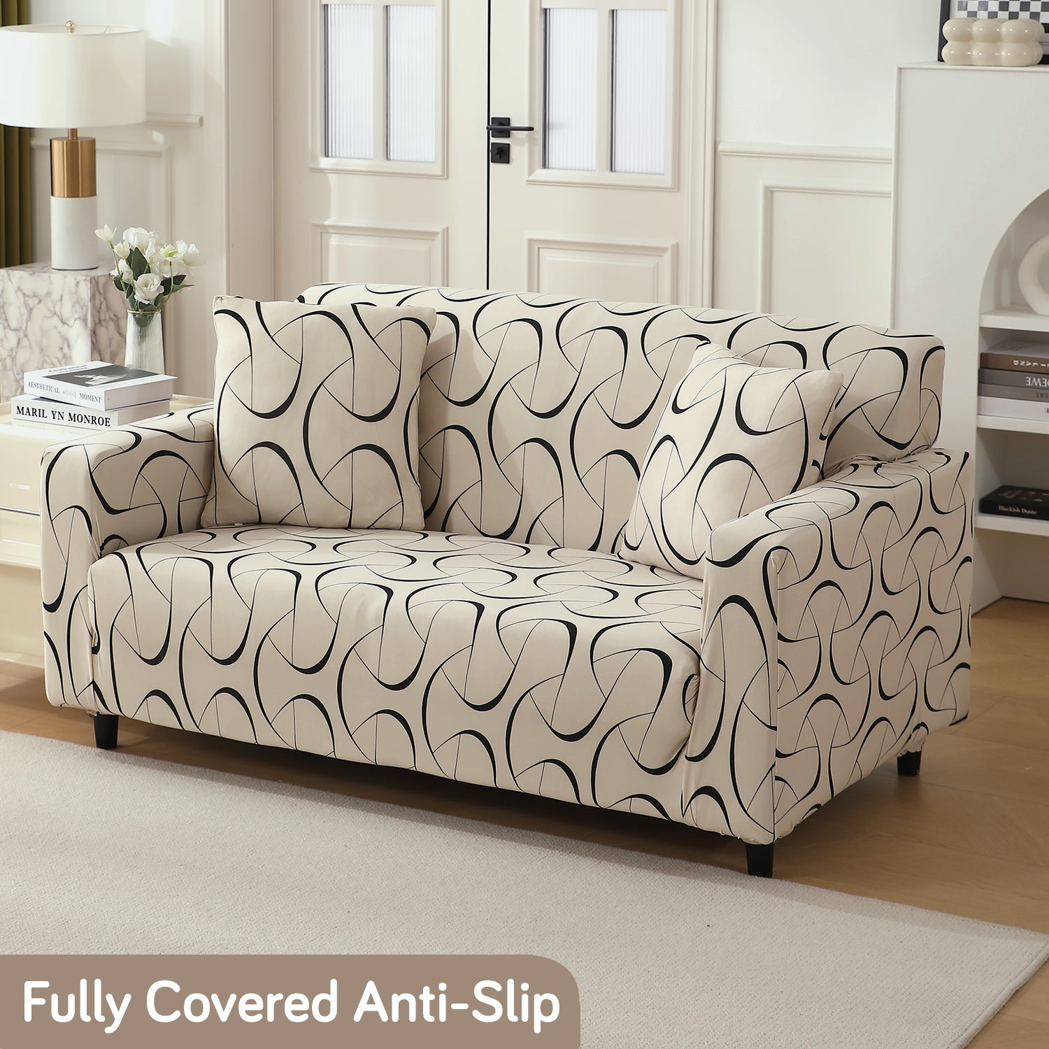 Natural Beige Abstract Art Print non slip stretchable 2 seater sofa cover