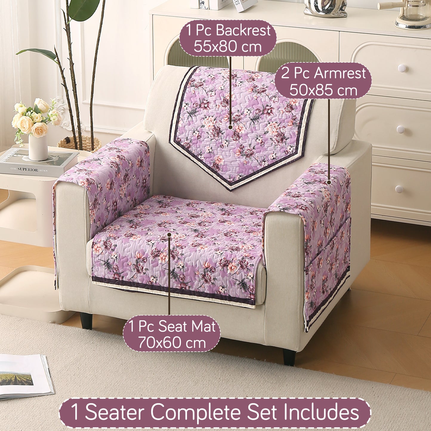 Florentina Series Printed Holland Velvet Sofa Mat - Peony Lavender