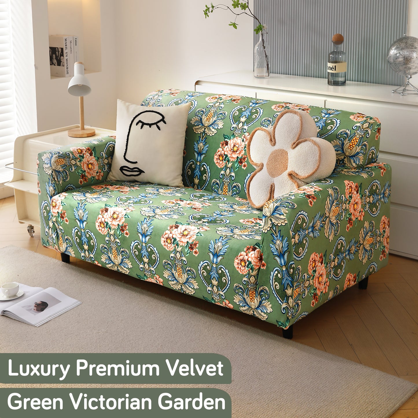 Premium Printed Velvet Sofa Cover 1/2/3 Seaters Fully Covered, Green Victorian Garden