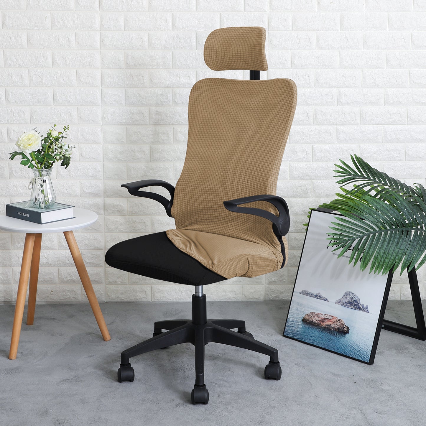 Water Repellent Office Chair Cover with Headrest (High-Back) – 210 GSM Stretch Jacquard – Washable, Anti-Slip Fit for Ergonomic Mesh Office Chairs, Light Brown