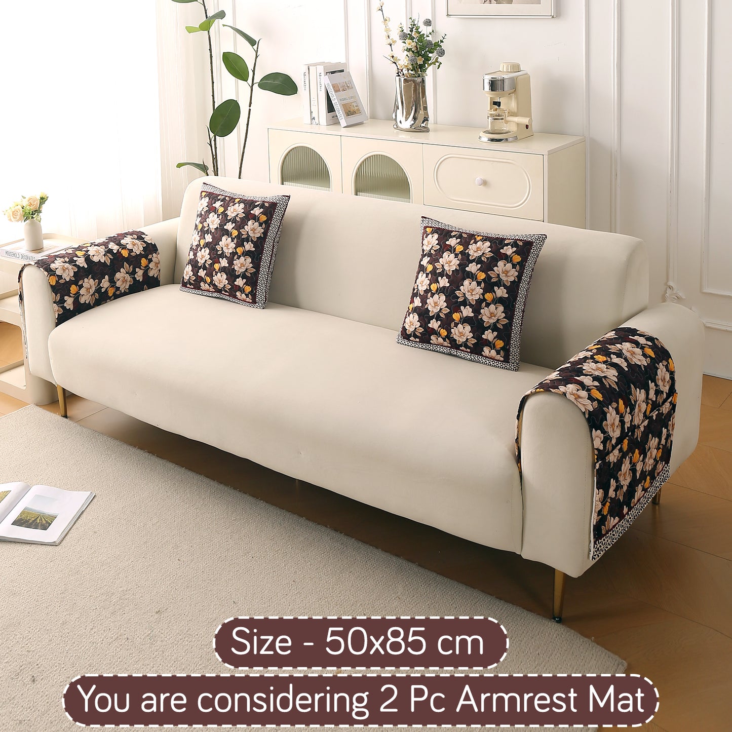 Florentina Series Printed Holland Velvet Sofa Mat - Camellia Brown