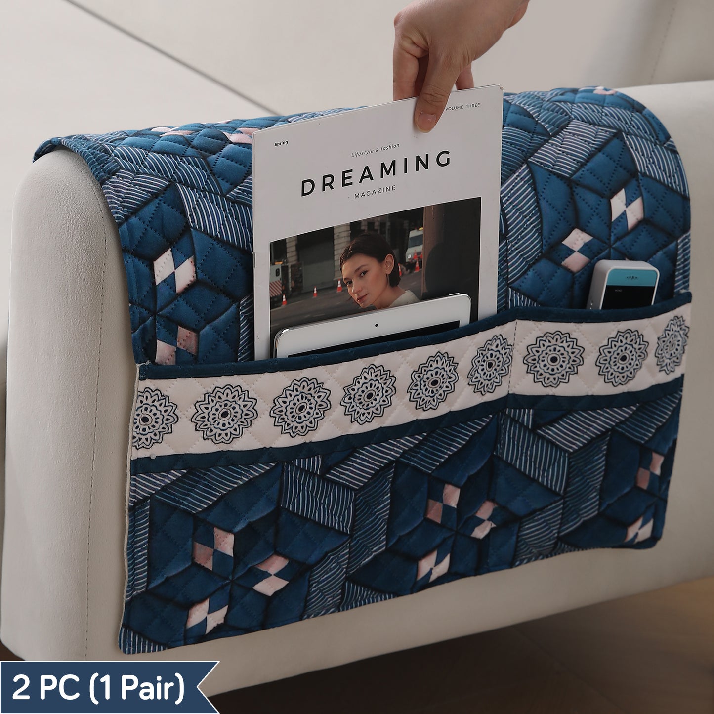 LiefNest Holland Velvet Sofa Cover Mat with Foam Filling - Geometric Floral Oriental Blue
