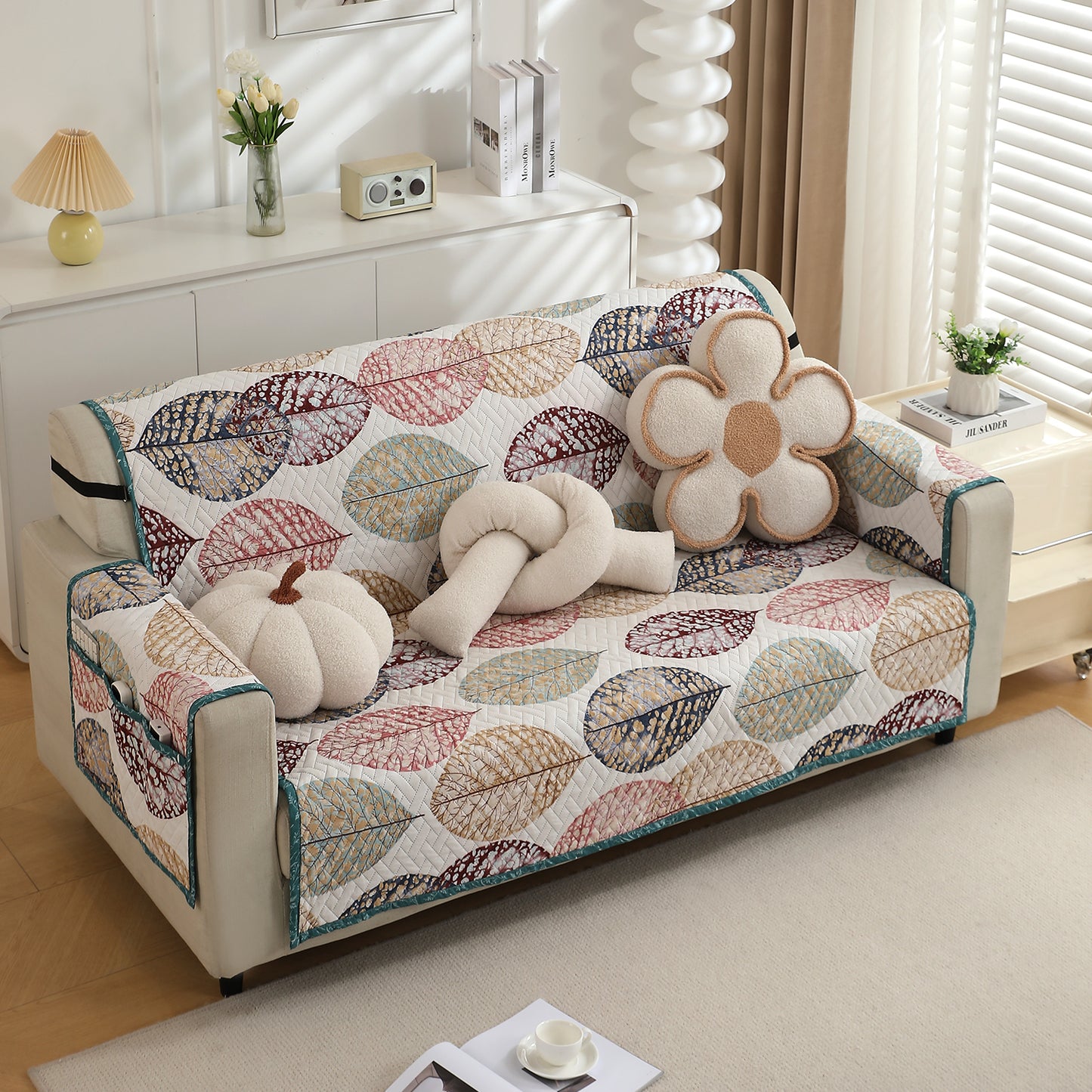 Multicolor Linden Leaf Printed three seater quilted sofa cover