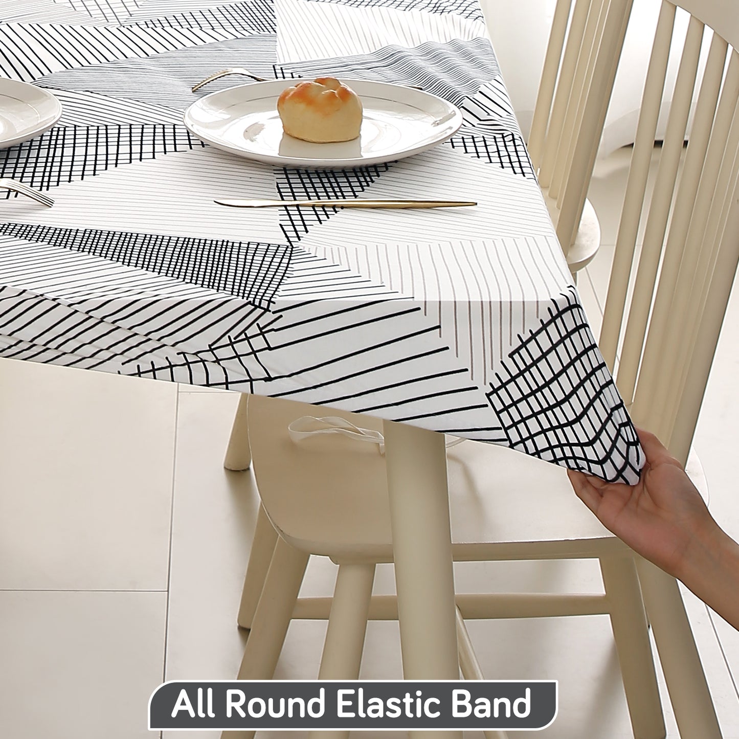 Printed Stretch Fit Water-Repellent & Anti-Slip Table Cloth Cover for 4 Seater / 6 Seater, Snow White Black Geometry