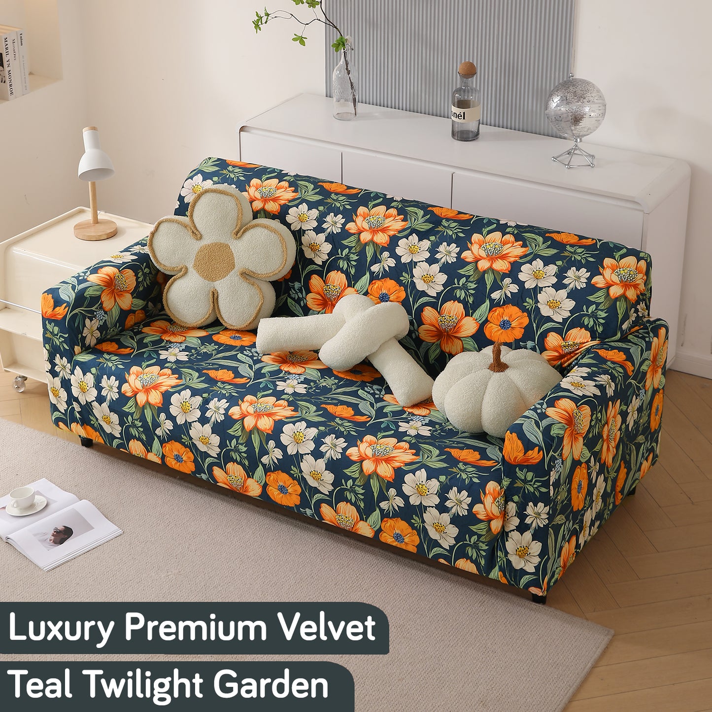 Premium Printed Velvet Sofa Cover 1/2/3 Seaters Fully Covered, Teal Twilight Garden