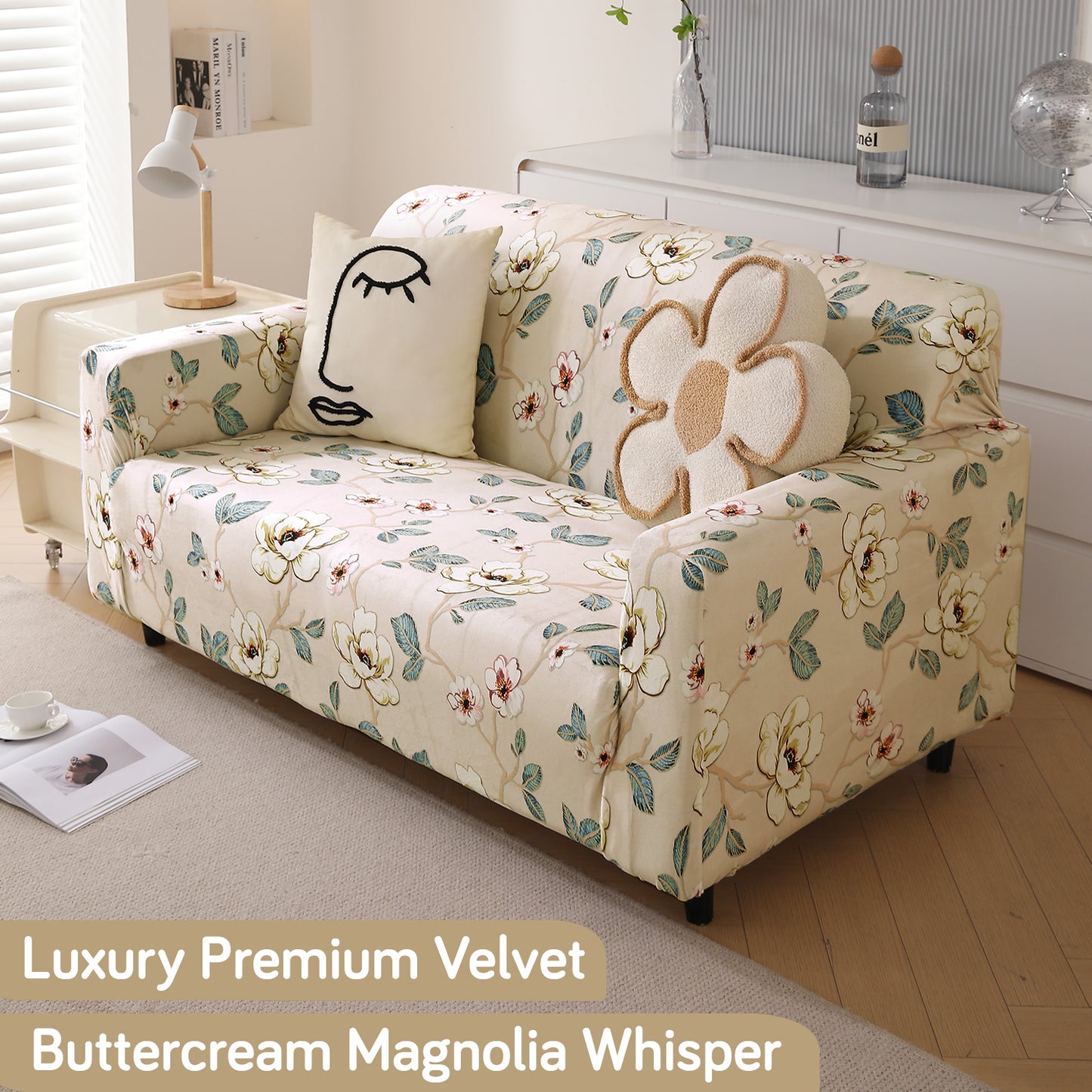 Premium Printed Velvet Sofa Cover 1/2/3 Seaters Fully Covered, Buttercream Magnolia Whisper