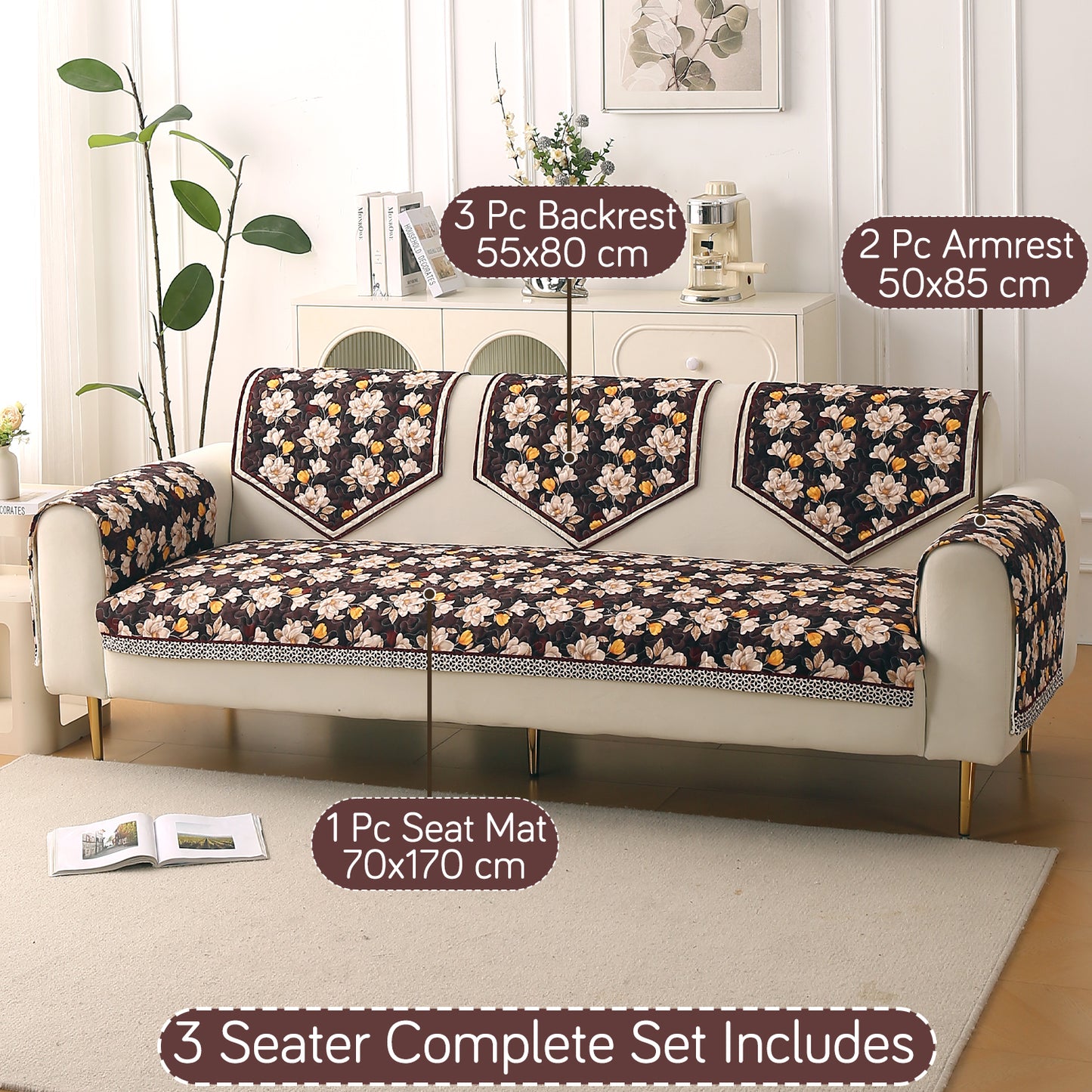 Florentina Series Printed Holland Velvet Sofa Mat - Camellia Brown