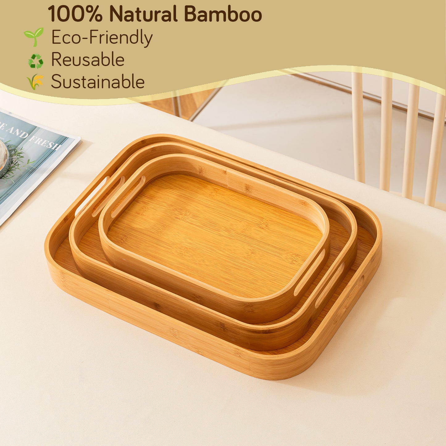Natural Bamboo Serving Tray Set of 2/3 – Multipurpose Kitchen Tray with Handles