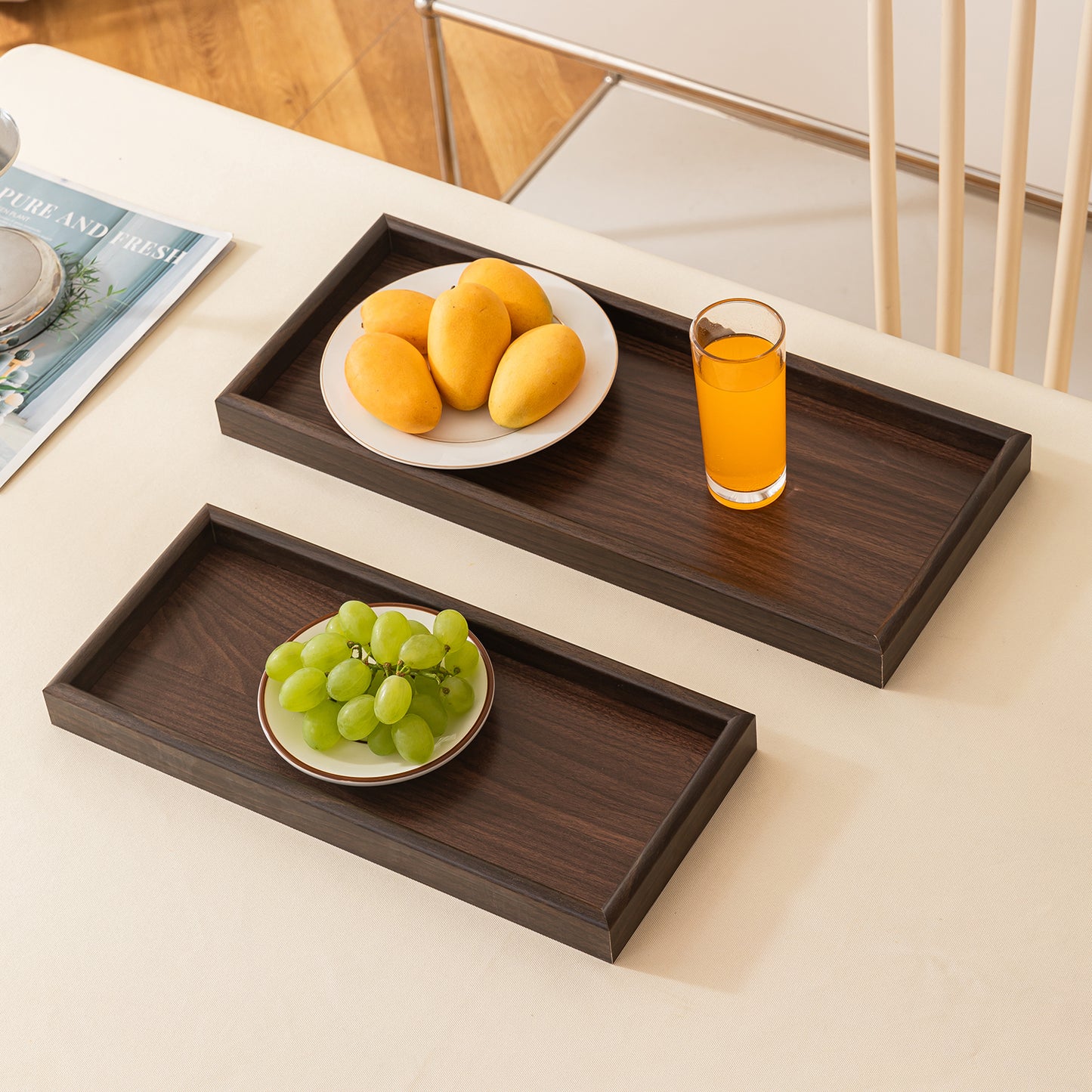 Wooden Serving Tray MDF Rectangular Eco-Friendly Trays Set of 3, Dark Wood Finish