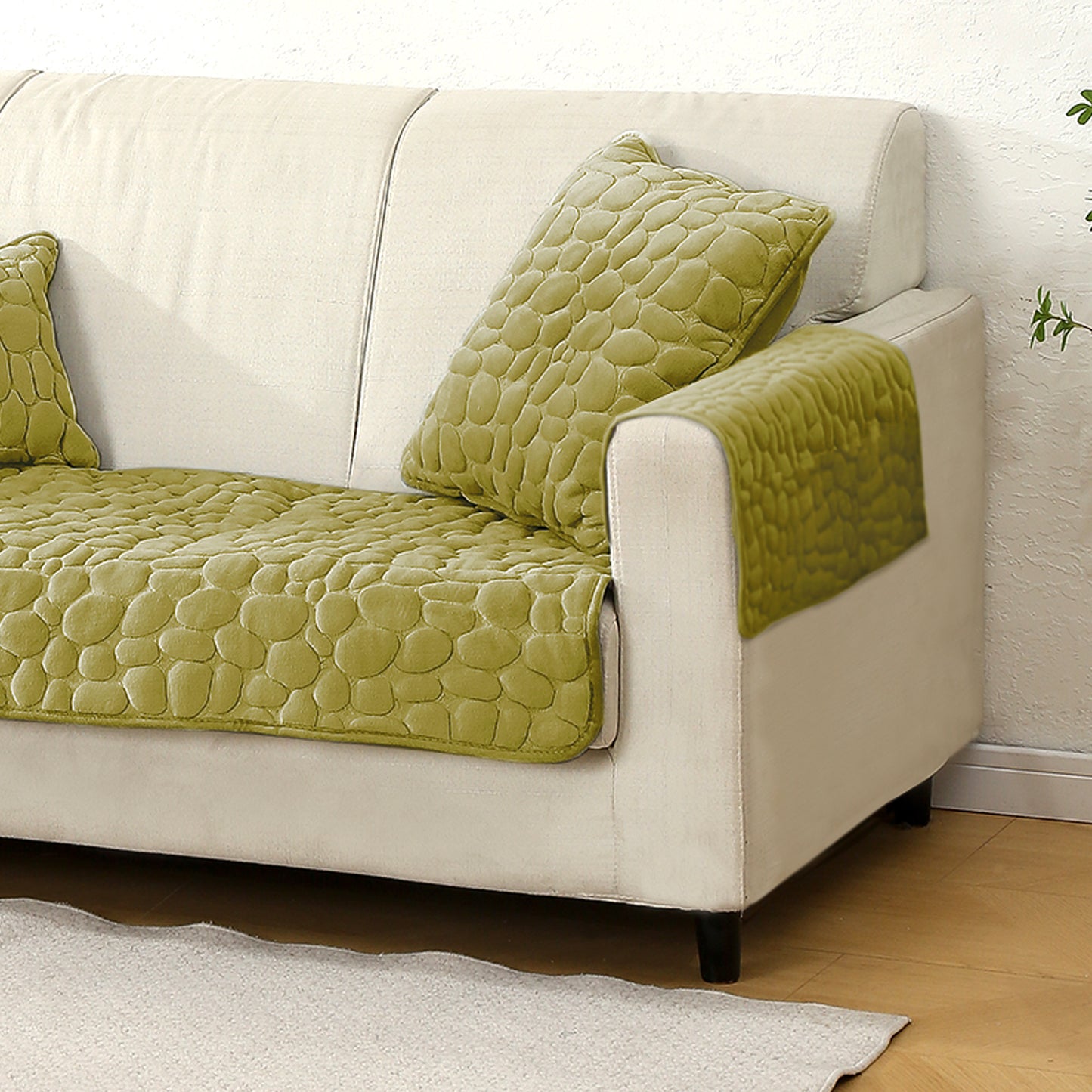 Premium Pebble Milk Velvet Anti Slip Sofa Cover Mat with 2 Armrest Cover, Pristine Green