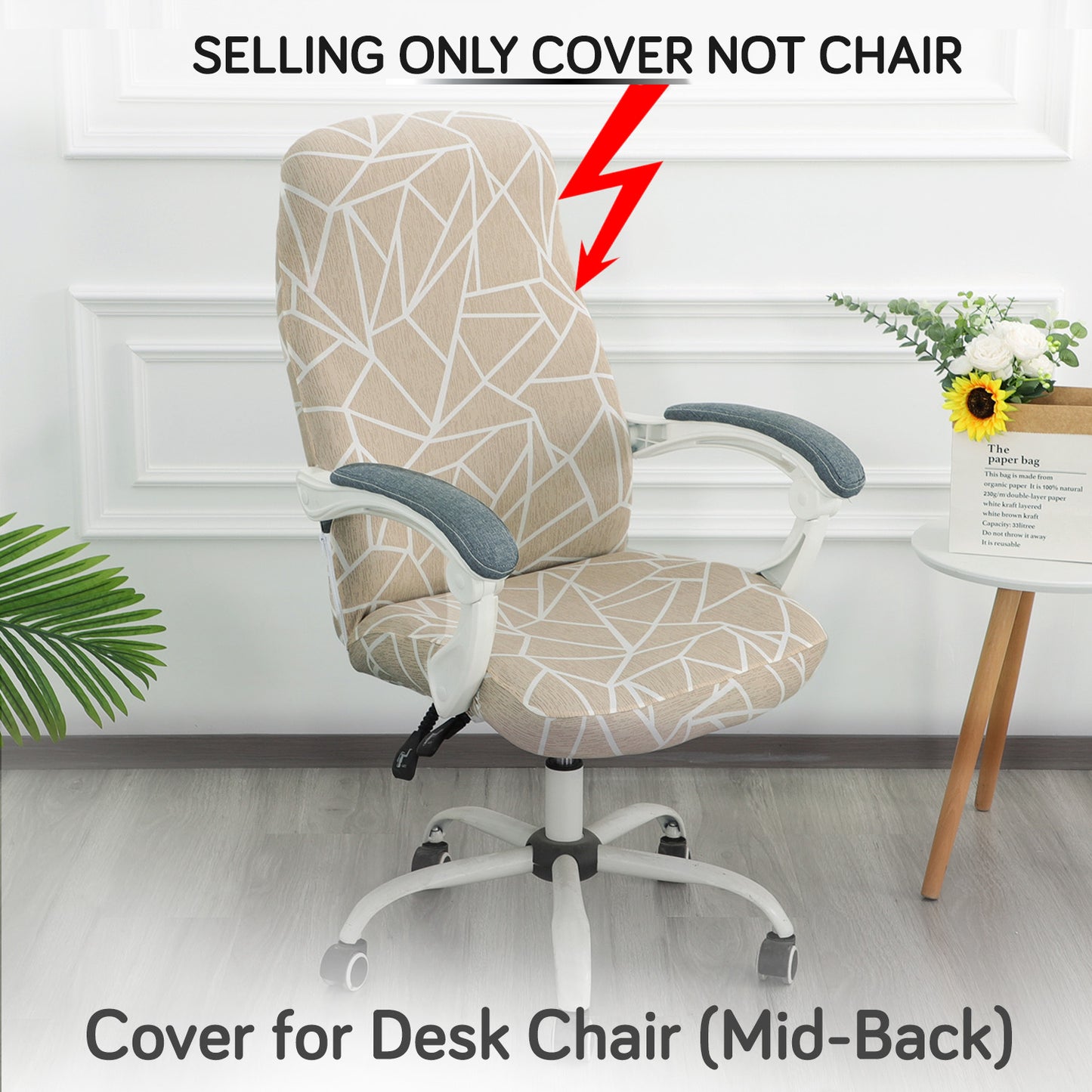Printed Office Chair Cover for Desk Chair (Mid-Back) – 140 GSM Stretch Fabric – Washable, Durable & Anti-Slip – Fits Mid-Back Office Chairs, Beige Abstract Geometry - Medium