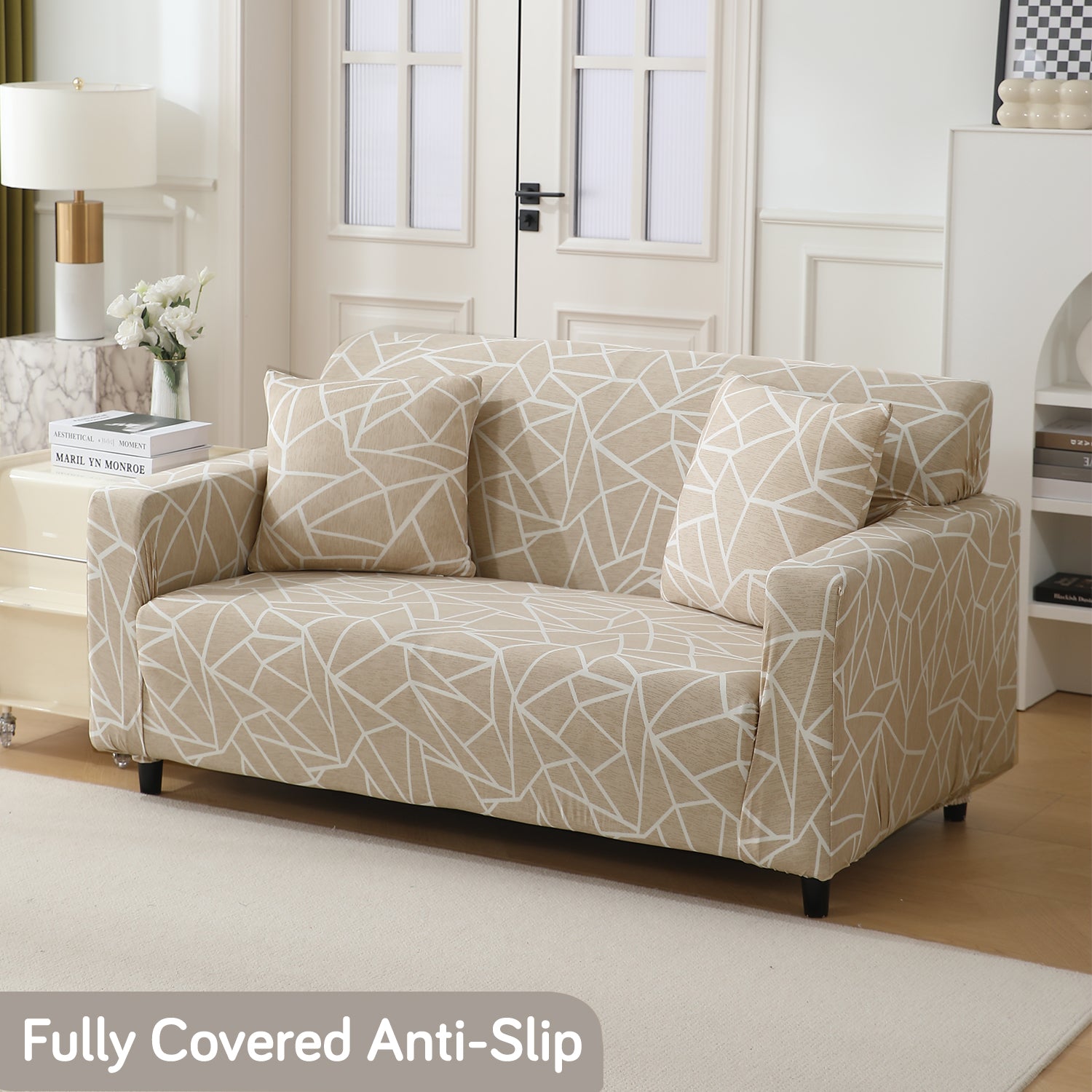 buy Beige Abstract Geometry Print modern Elastic two seater sofa covers