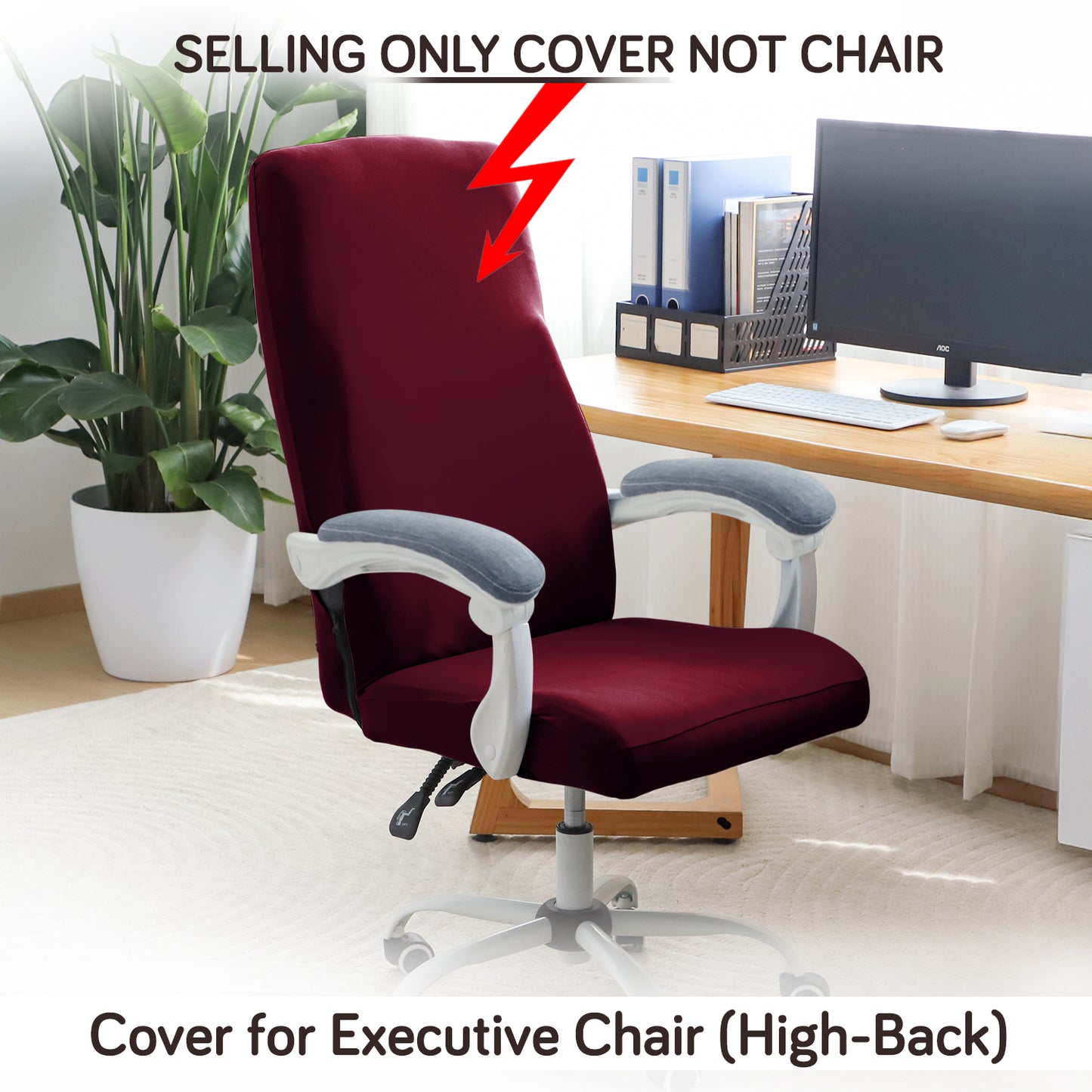Office Chair Cover for Executive Chair (High-Back) – 140 GSM Stretchable Fabric – Washable & Anti-Slip – Fits Big & Tall Office Chairs, Burgundy