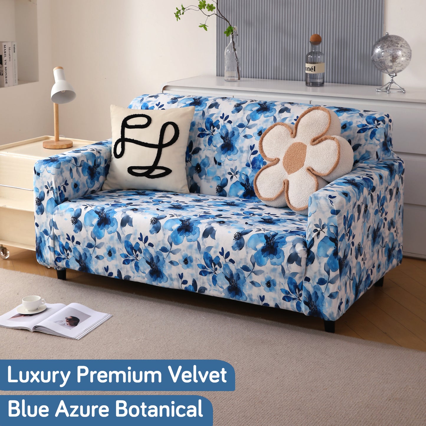 Premium Printed Velvet Sofa Cover 1/2/3 Seaters Fully Covered, Blue Azure Botanical