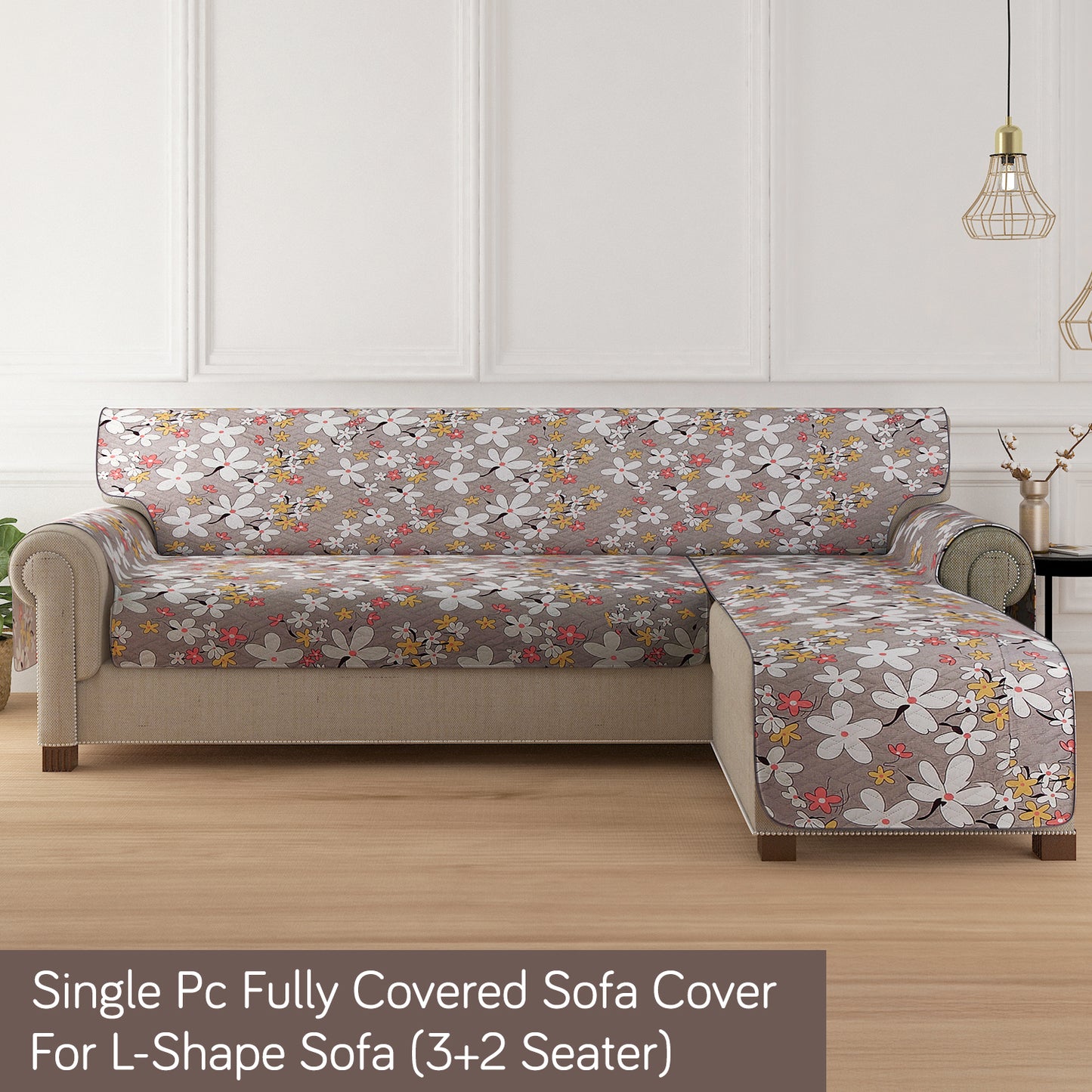 HomeHues Series Quilted Sofa Cover with Secure Fit Belt for L Shape sofa, Pastel Brown Sandwort Flower