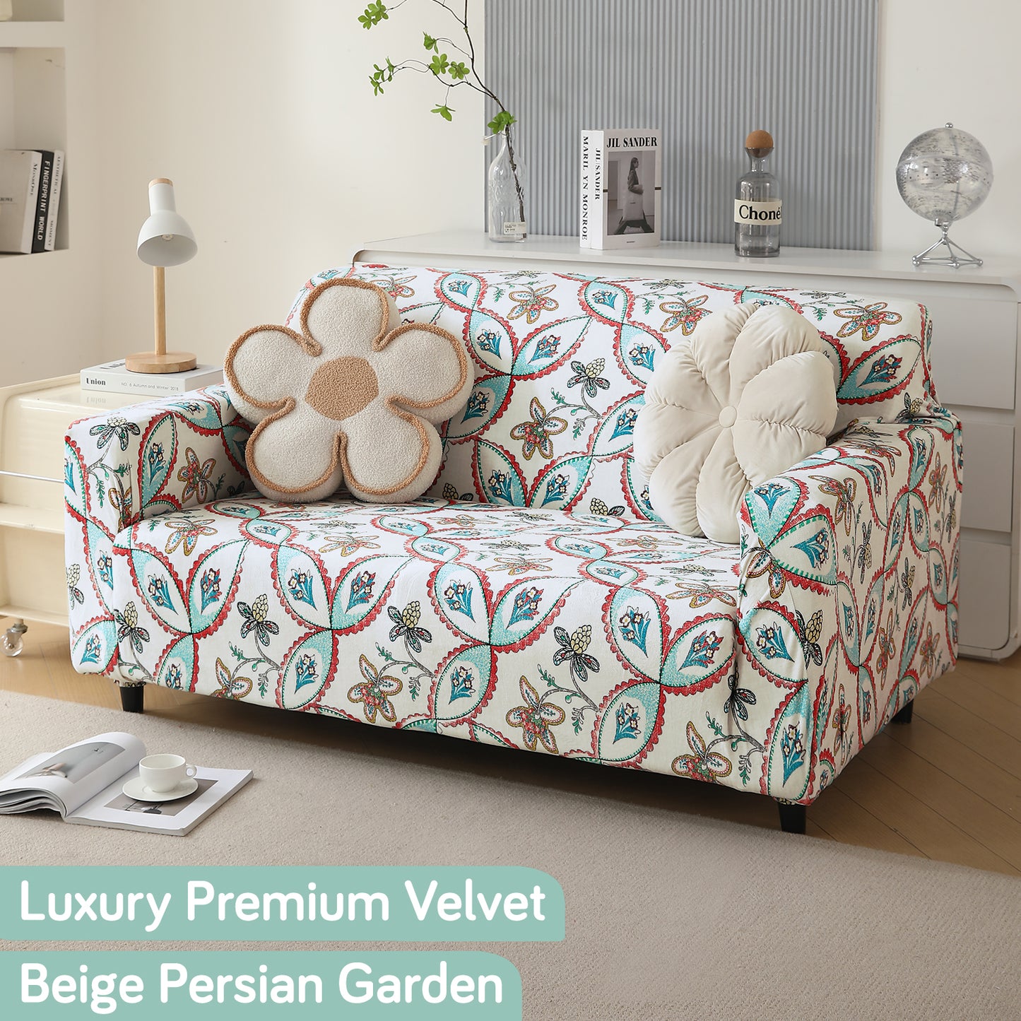 Premium Printed Velvet Sofa Cover 1/2/3 Seaters Fully Covered, Beige Persian Garden