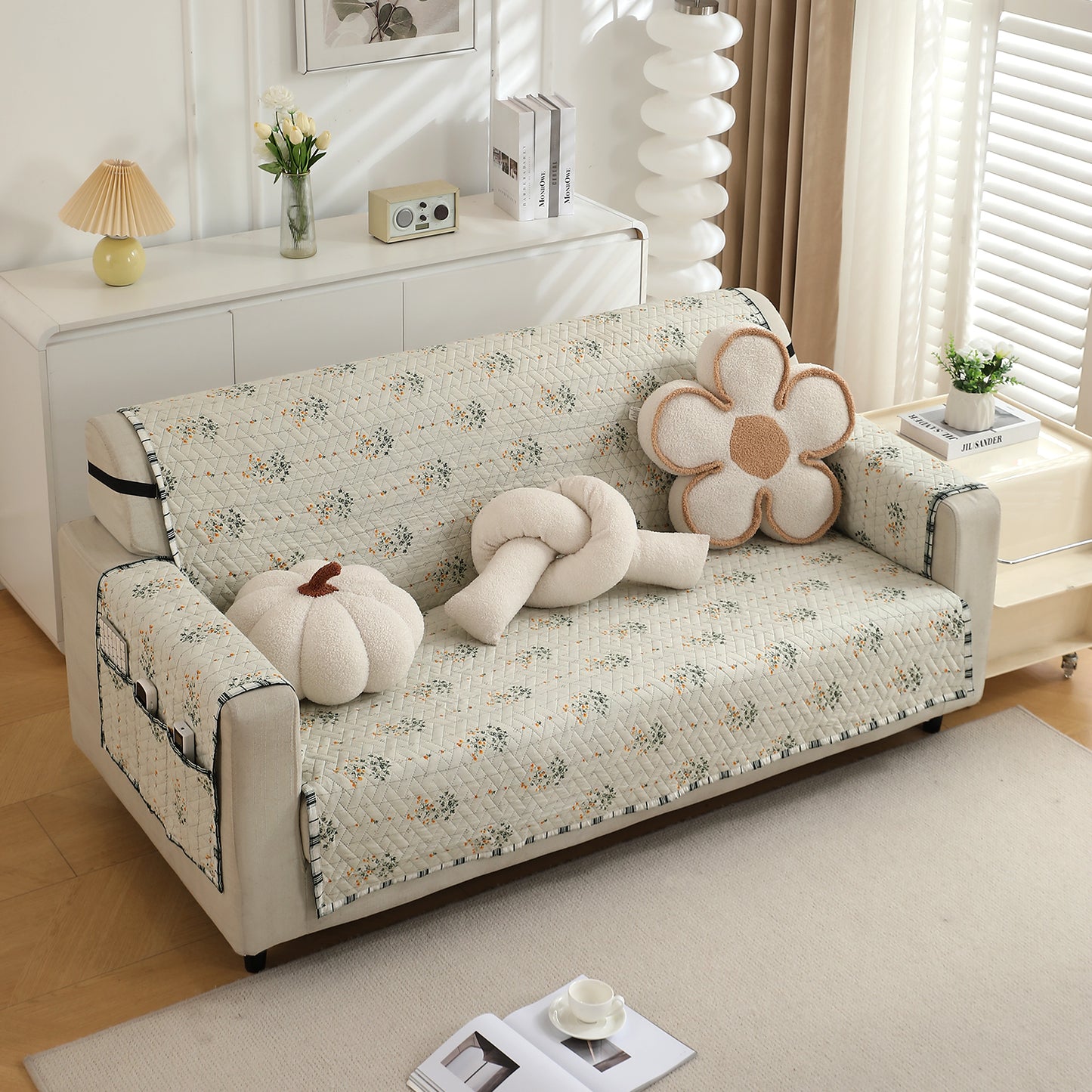 Light Green Ash Gypsy Floral Printed quilted elegant 3 seater sofa cover