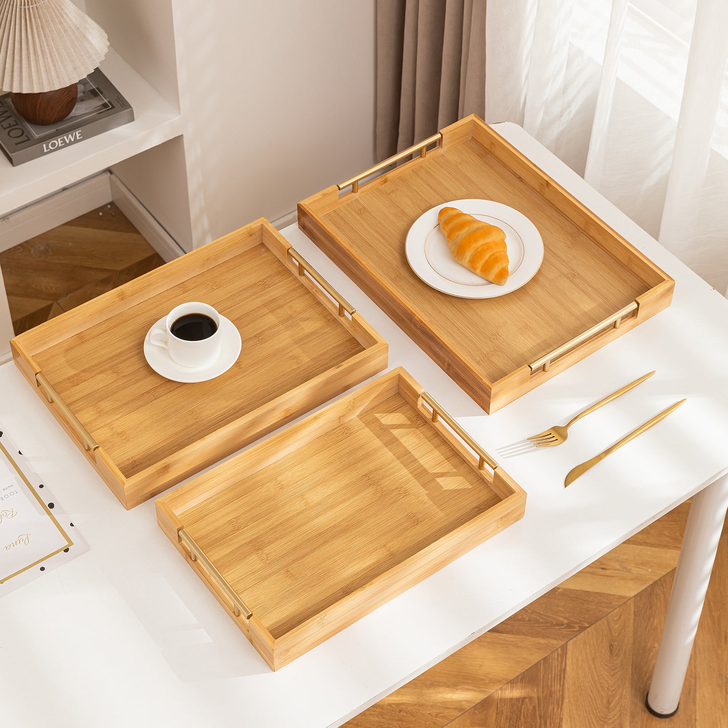 Bamboo Set of 2/3 Serving Tray Set with Gold Handles – Elegant Wooden Trays for Kitchen