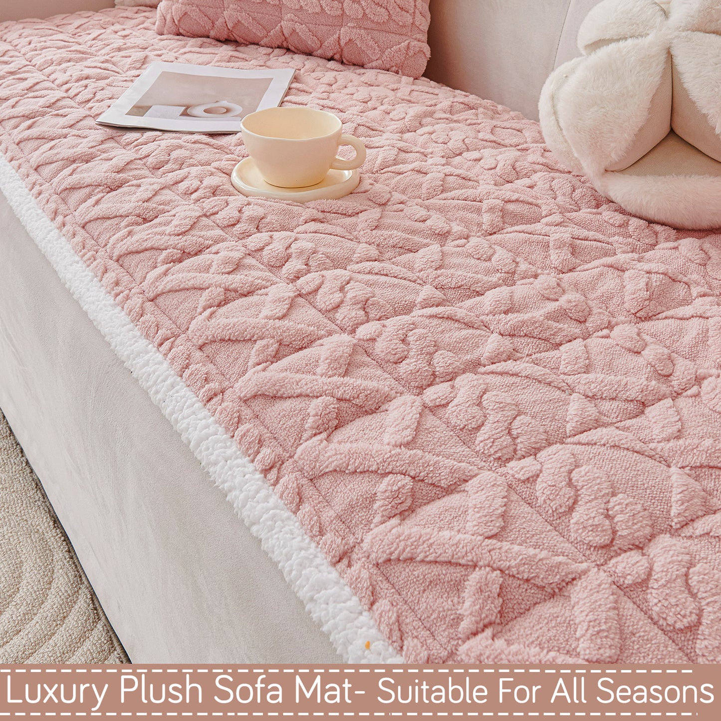 'Italian Caelora' Luxury Jacquard Plush Sofa Cover Mat and Anti-Slip Armrest Covers - Misty Rose