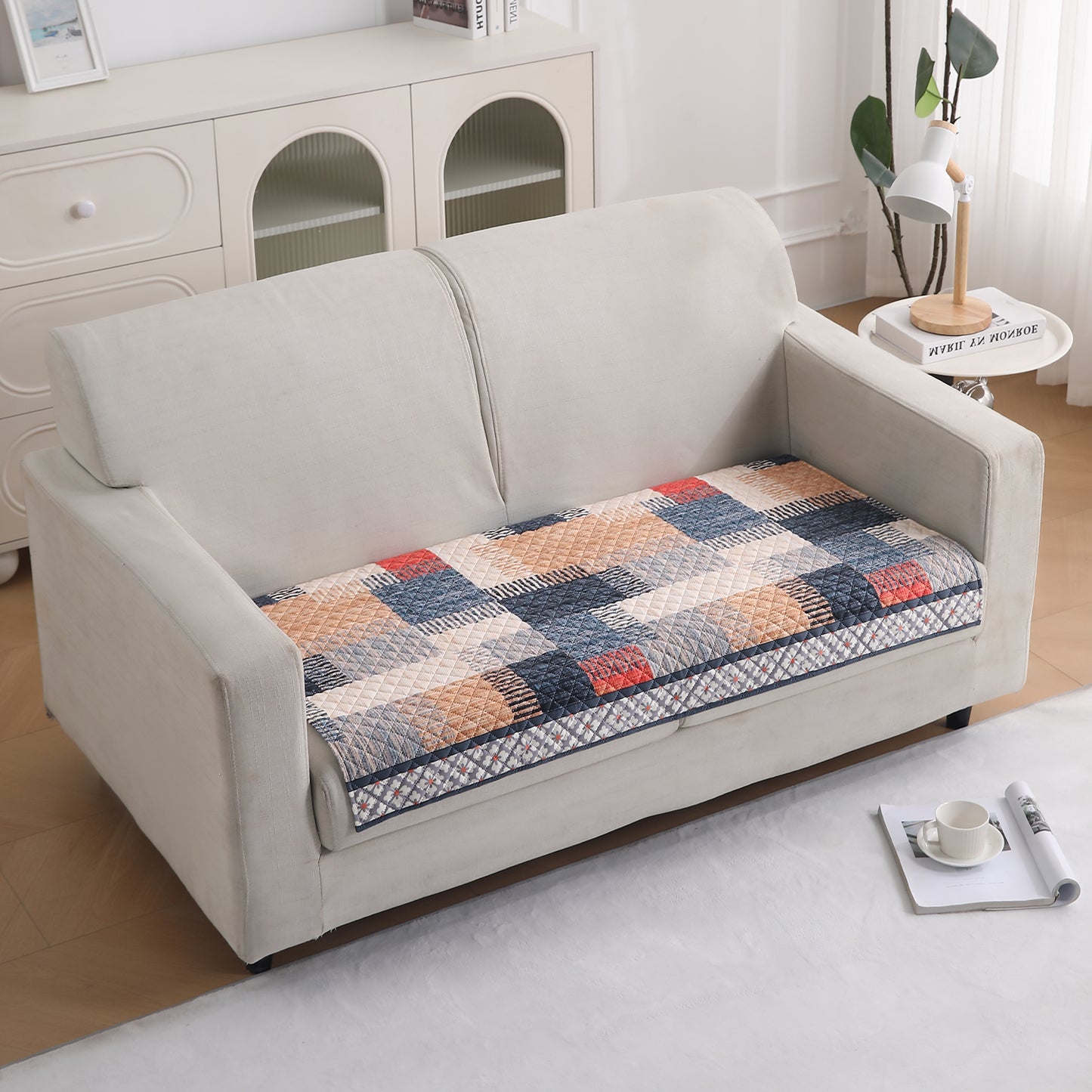 LiefNest Printed Holland Velvet Sofa Mat with Foam Filling - Urban Grid Multicolor for 1/2/3 Seater & Armrest