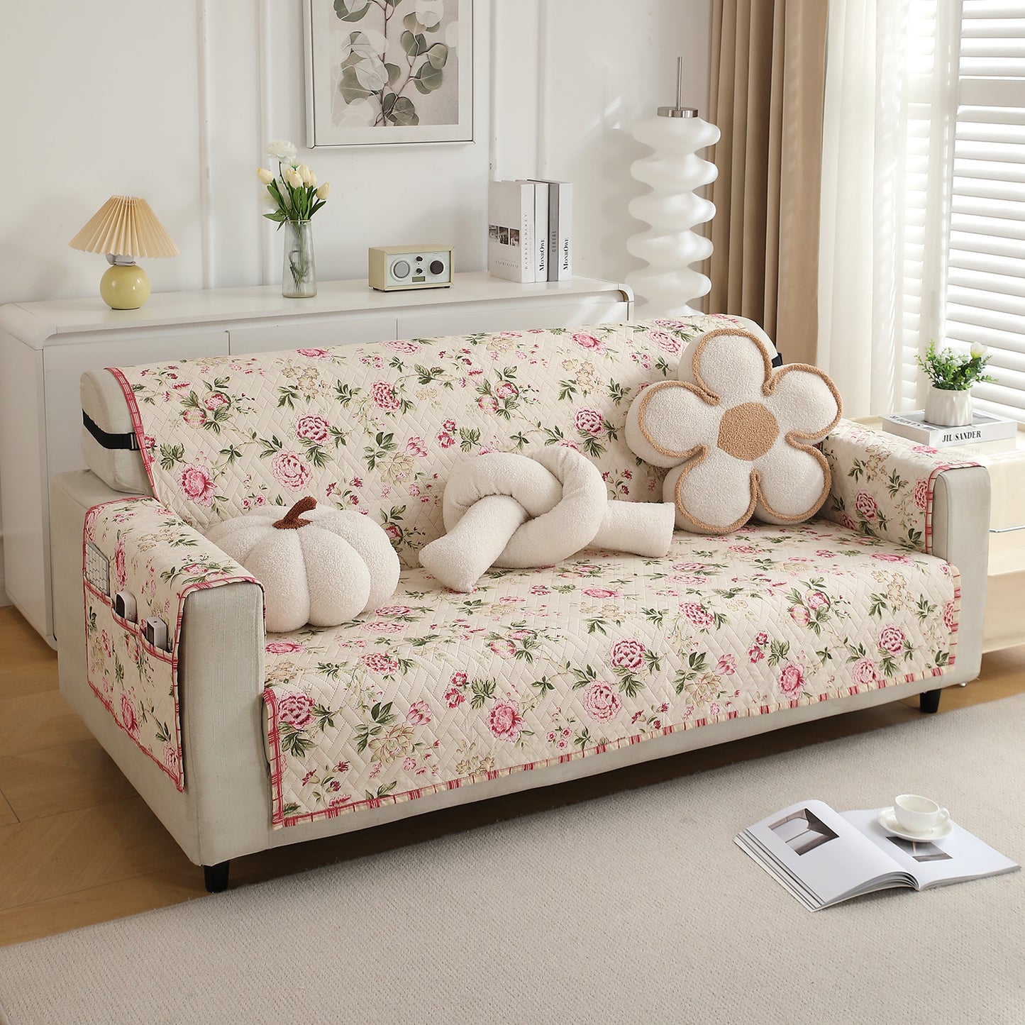 3 Seater Beige Peonies Printed quilted sofa cover