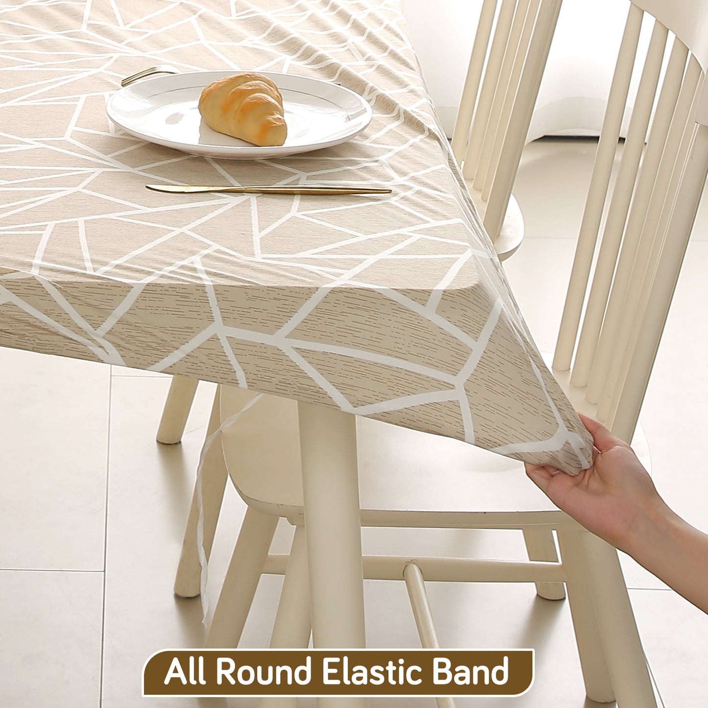 Printed Stretch Fit Water-Repellent & Anti-Slip Table Cloth Cover for 4 Seater / 6 Seater, Beige Abstract Geometry